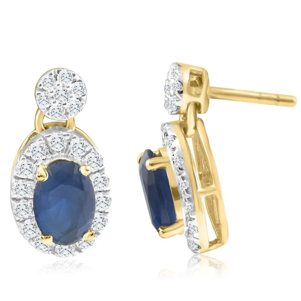 1 1/2Ct TW Diamond & Blue Sapphire Earrings Lab Grown 15mm Tall