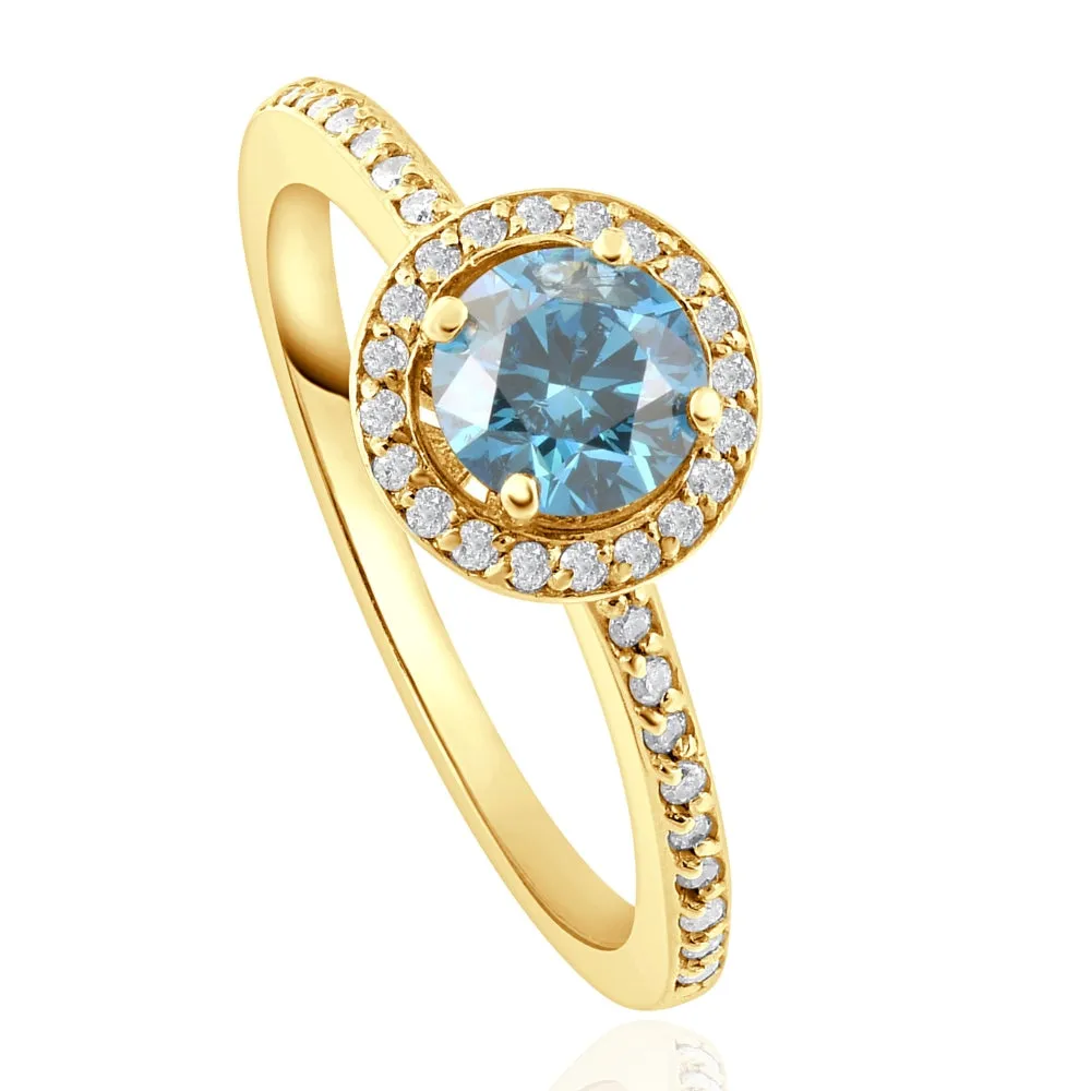 1 1/3Ct TW Blue & White Diamond Halo Engagement Ring in 14k Yellow Gold