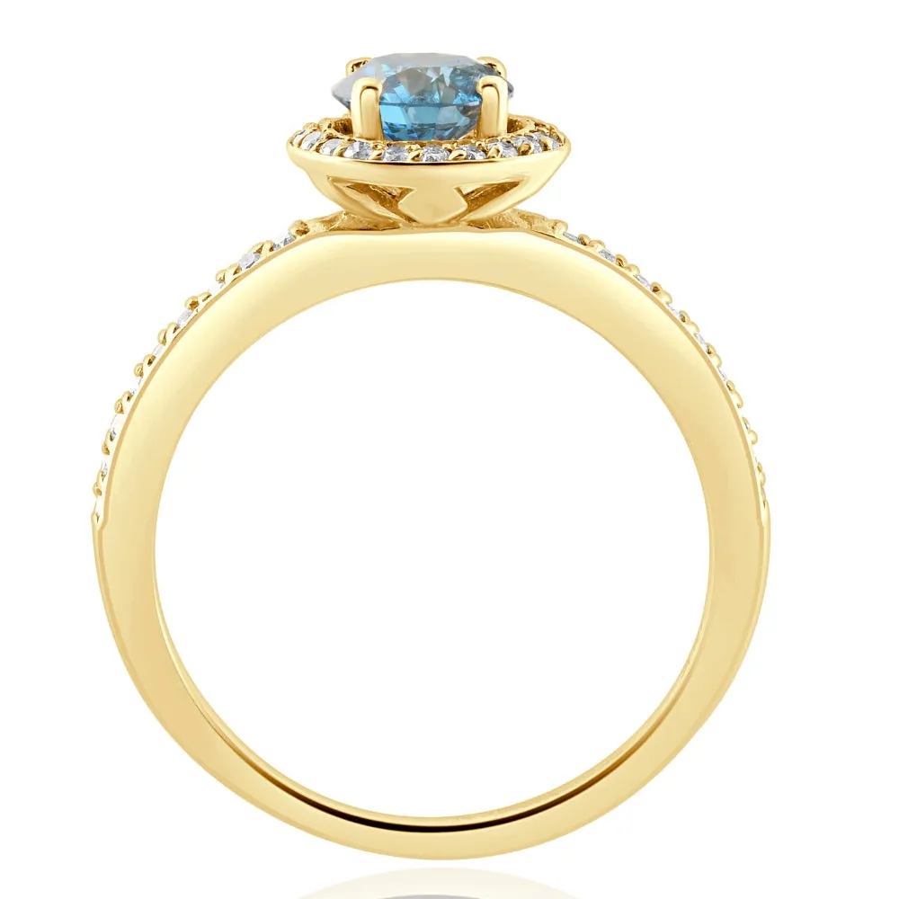 1 1/3Ct TW Blue & White Diamond Halo Engagement Ring in 14k Yellow Gold