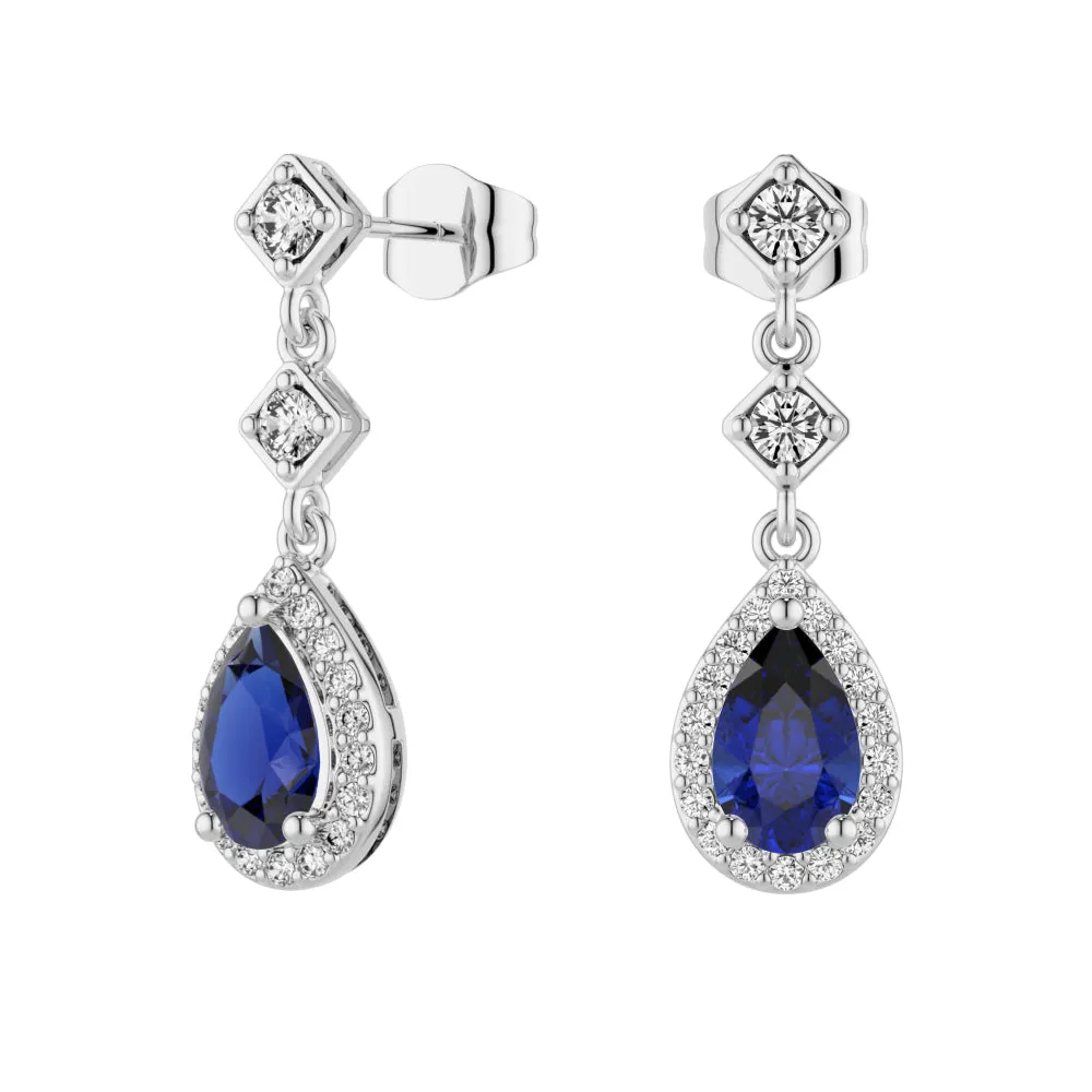 1.24 CT. Pear Blue Sapphire Drop Earrings with Pavé Halo