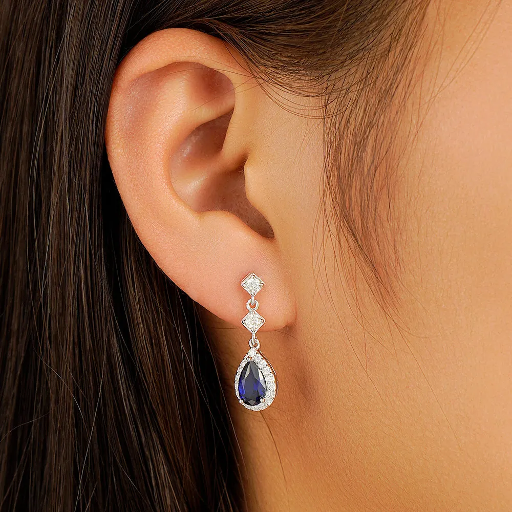 1.24 CT. Pear Blue Sapphire Drop Earrings with Pavé Halo