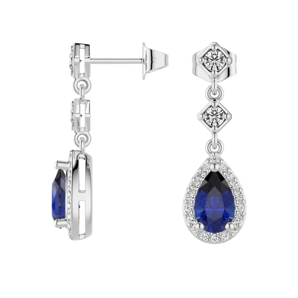 1.24 CT. Pear Blue Sapphire Drop Earrings with Pavé Halo