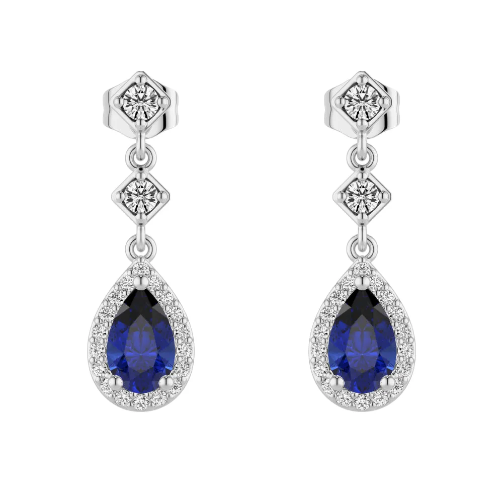 1.24 CT. Pear Blue Sapphire Drop Earrings with Pavé Halo