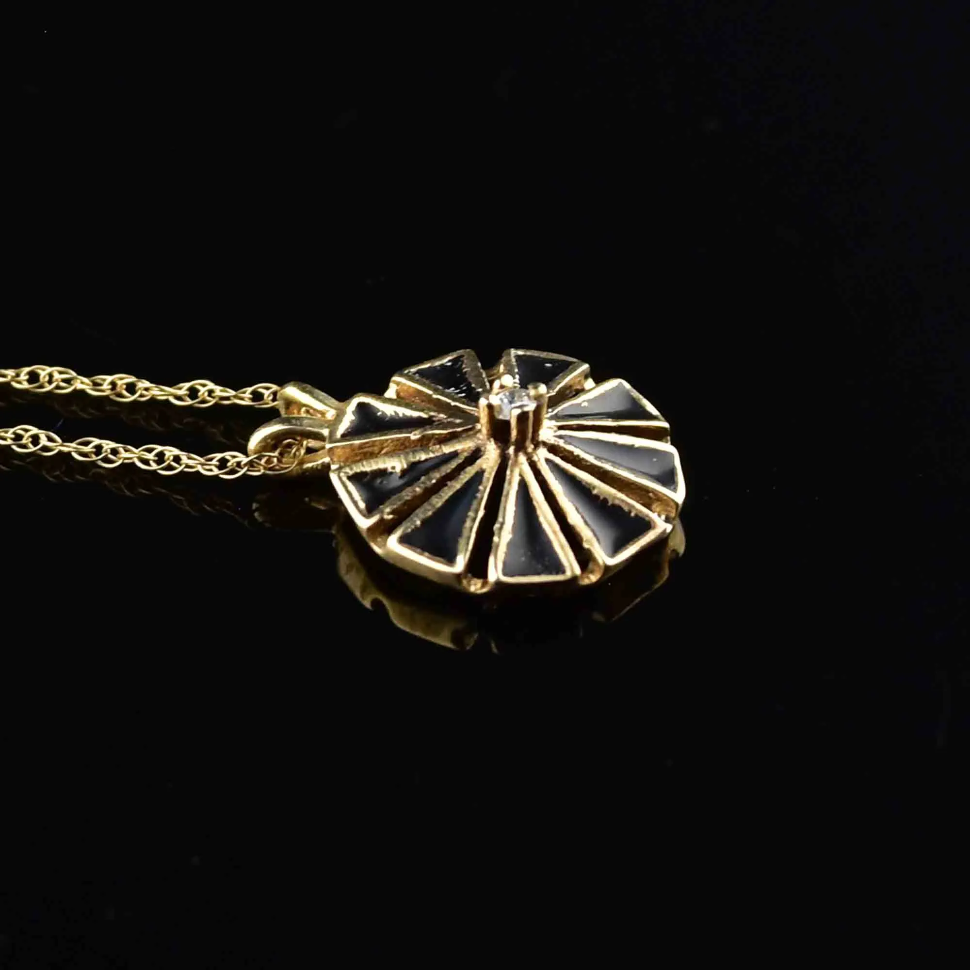 14K Gold Black Enamel Diamond Geometric Pendant Necklace