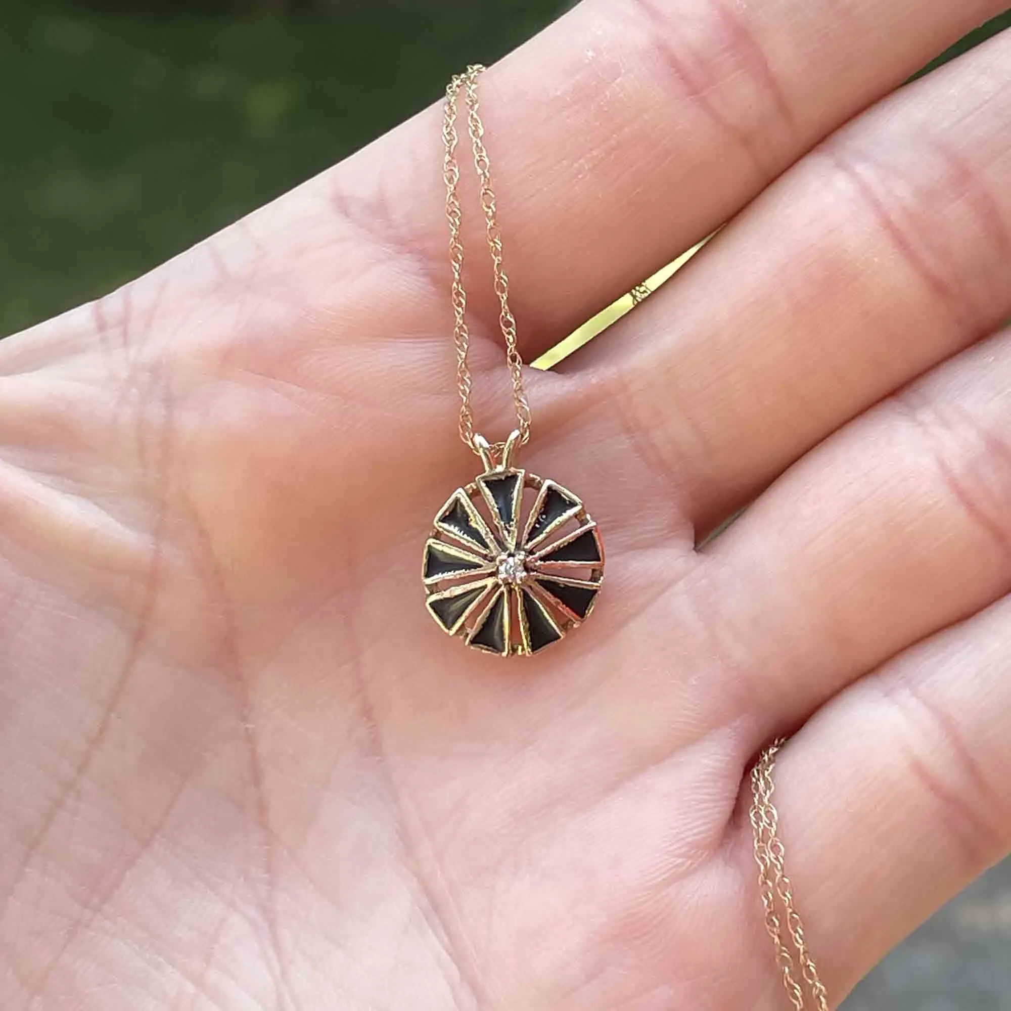 14K Gold Black Enamel Diamond Geometric Pendant Necklace