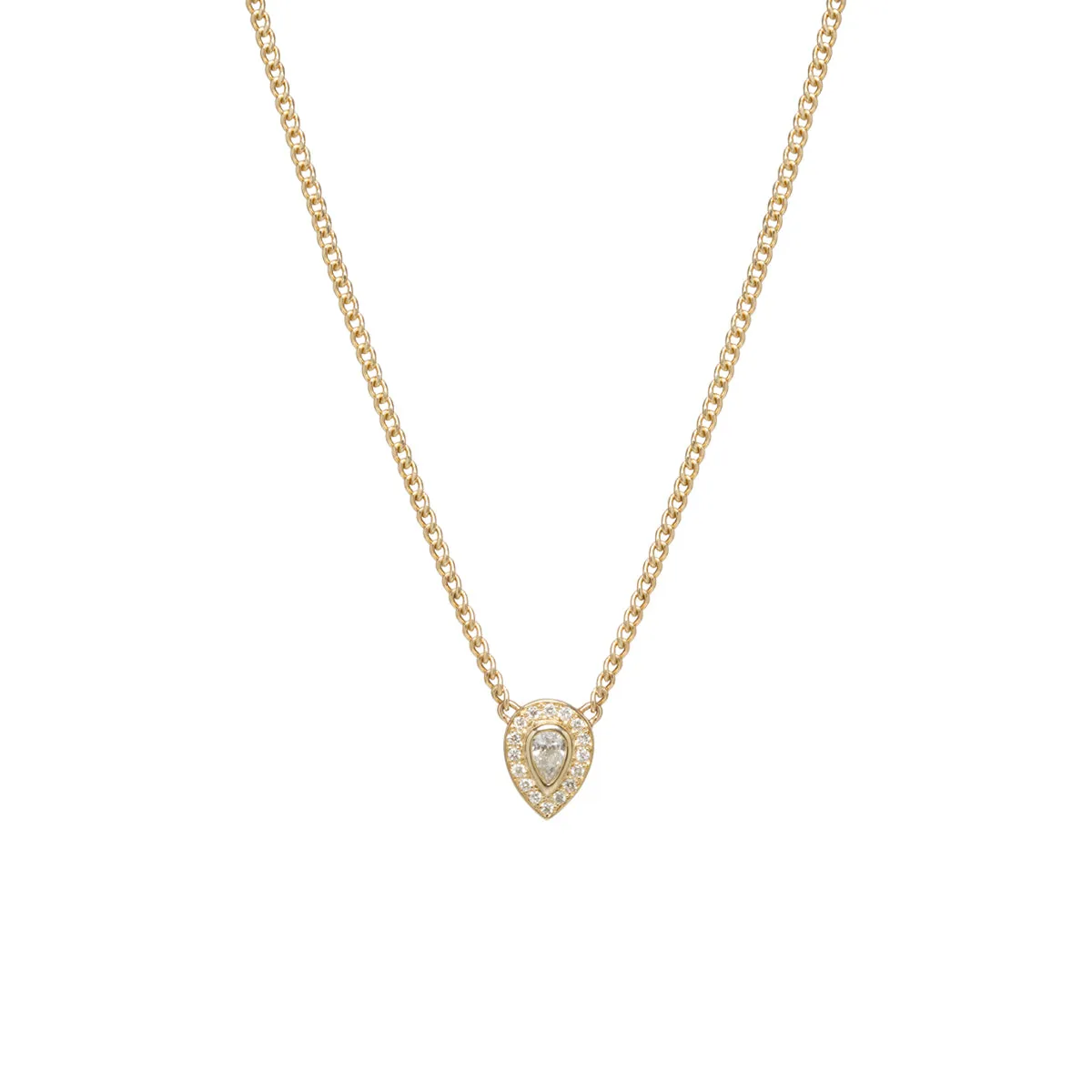 14k Pear Diamond Halo XS Curb Chain Necklace