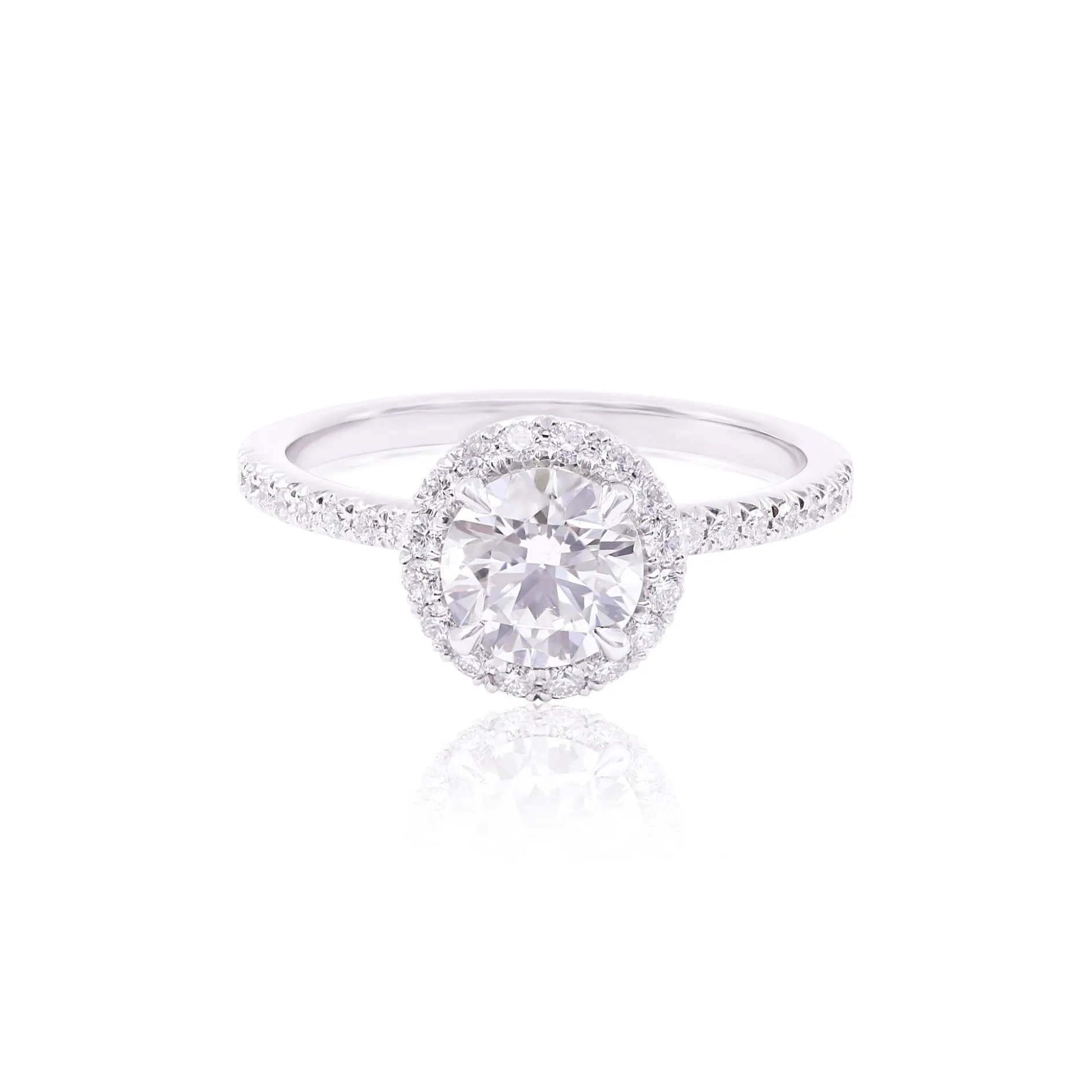 14K WHITE GOLD 1.00CT ROUND BRILLIANT DIAMOND ENGAGEMENT RING WITH DIAMOND HALO 0.30CTW