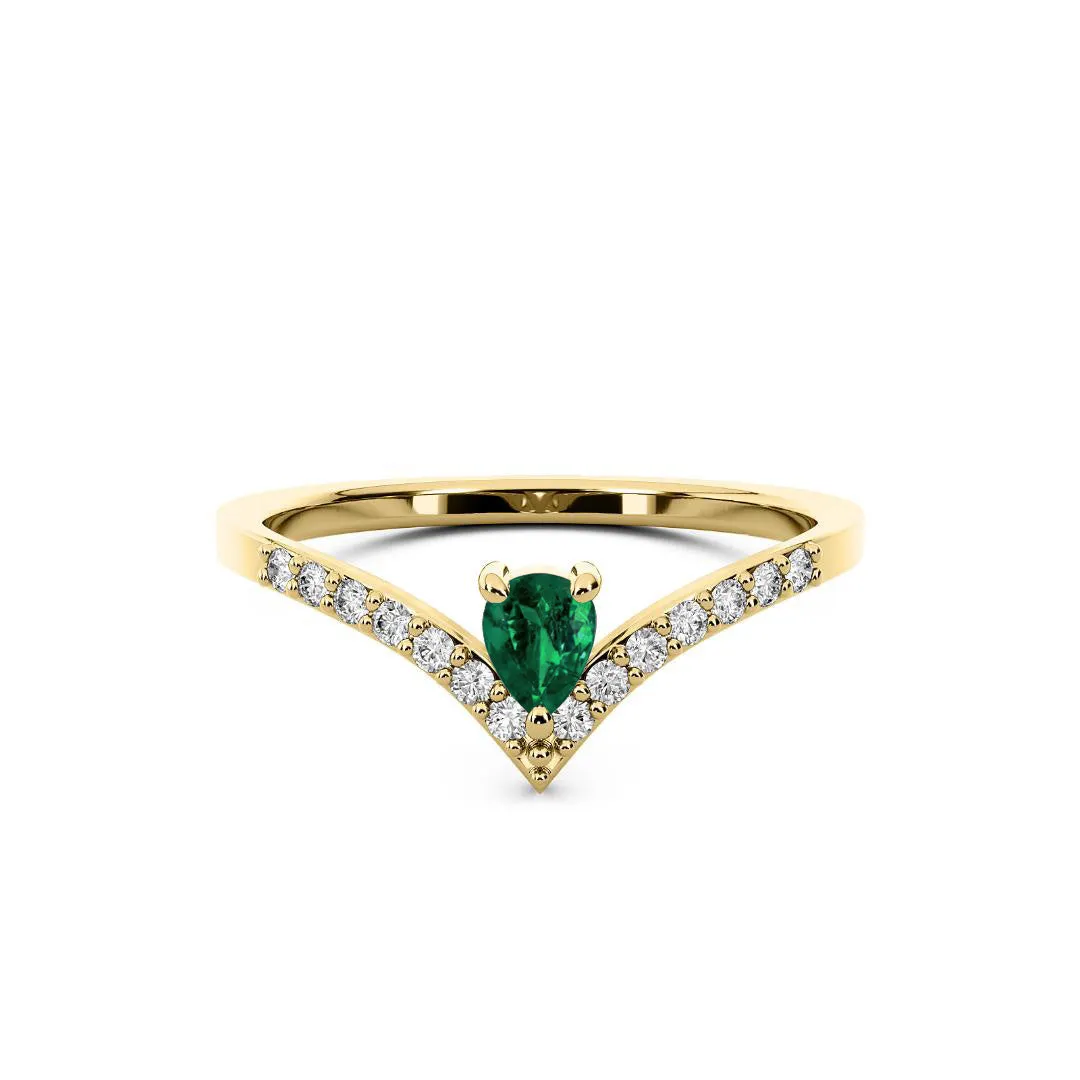 14k Yellow Gold 0.25ct ttw Diamond & Emerald Pear Drop Chevron Ring