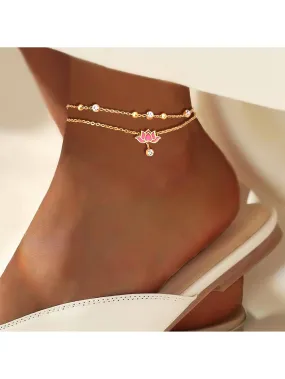 1pc Fashion Stainless Steel Cubic Zirconia & Lotus Decor Layered Anklet For Women For Daily Decoration