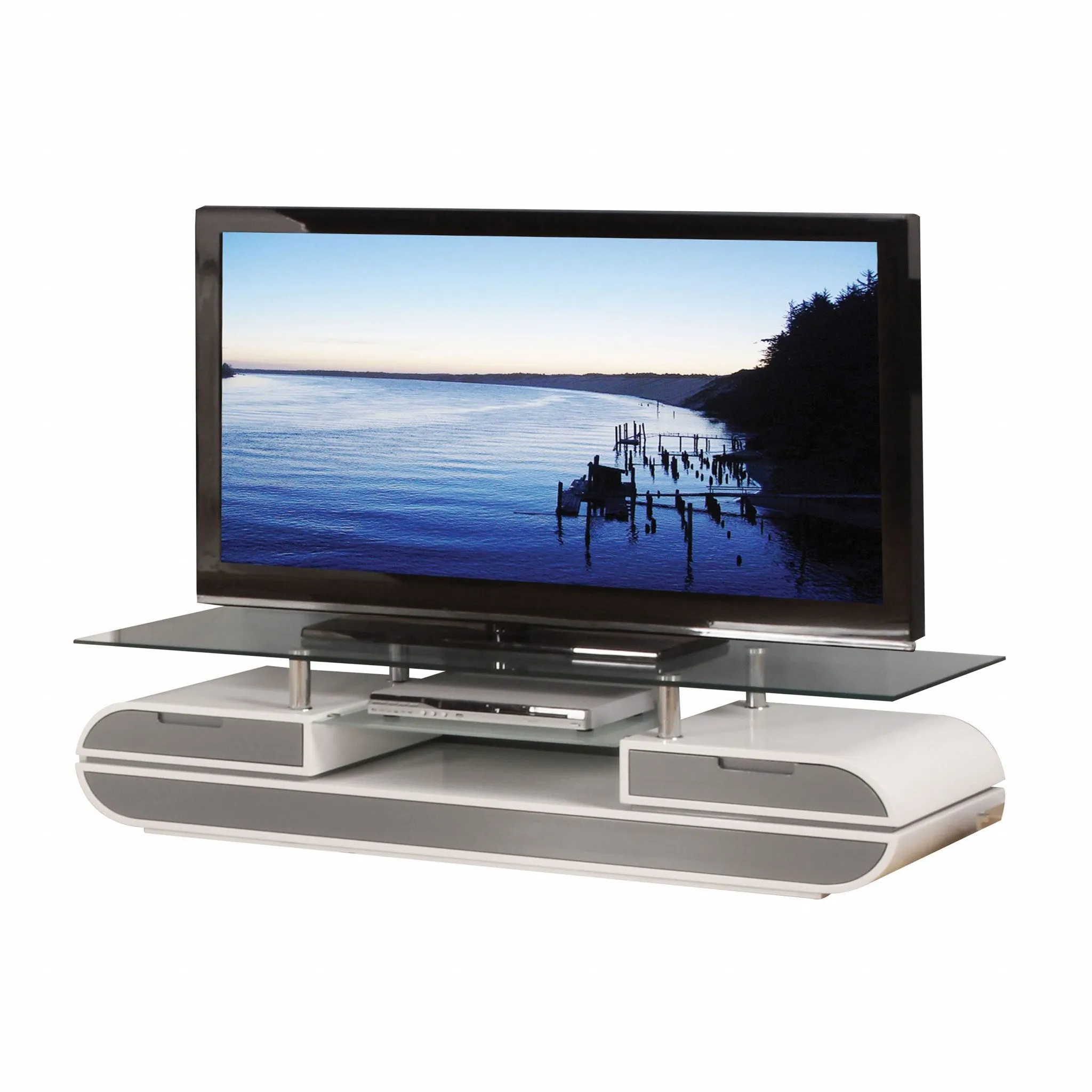 20 X 63 X 16 White Gray Wood Glass Metal Veneer TV Stand