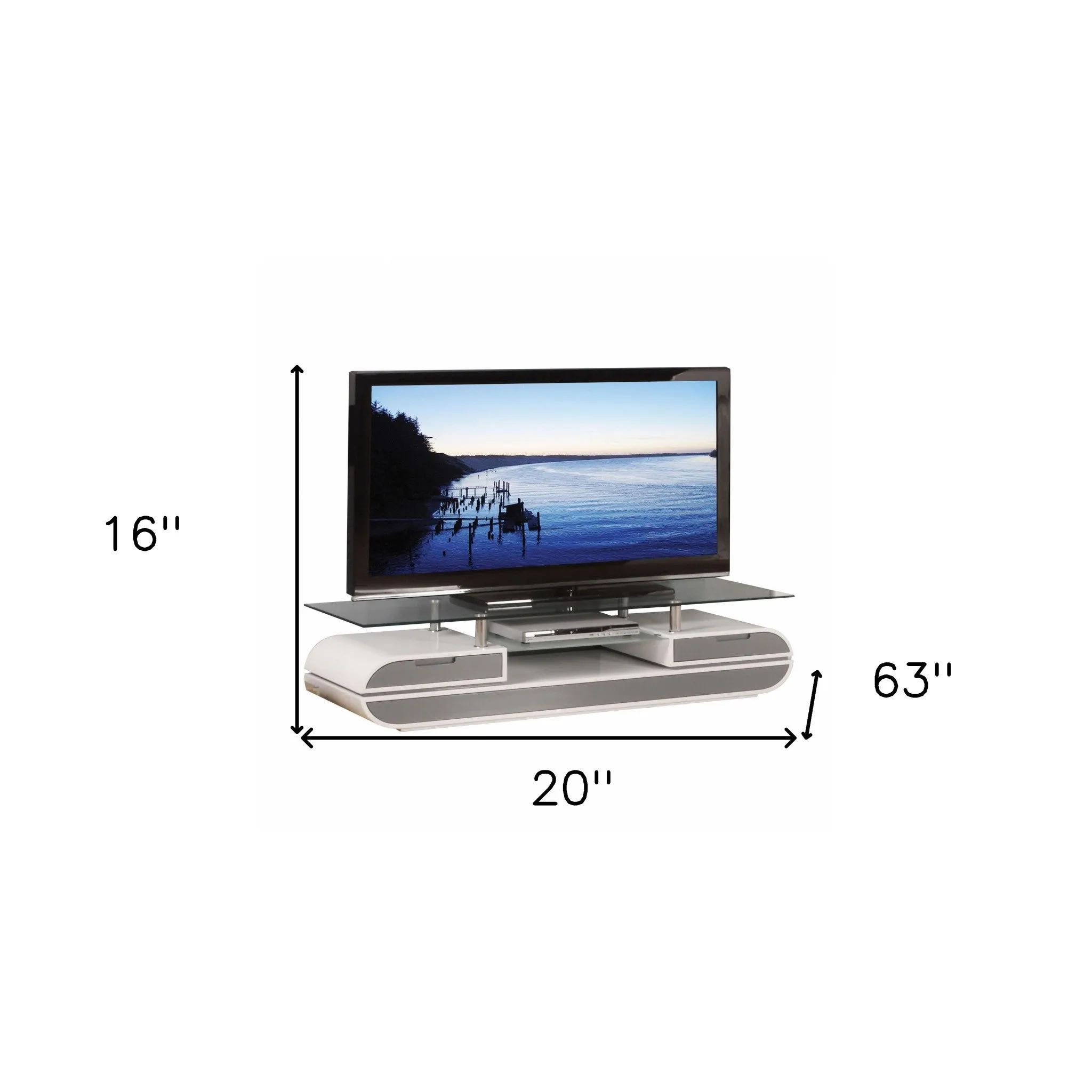 20 X 63 X 16 White Gray Wood Glass Metal Veneer TV Stand