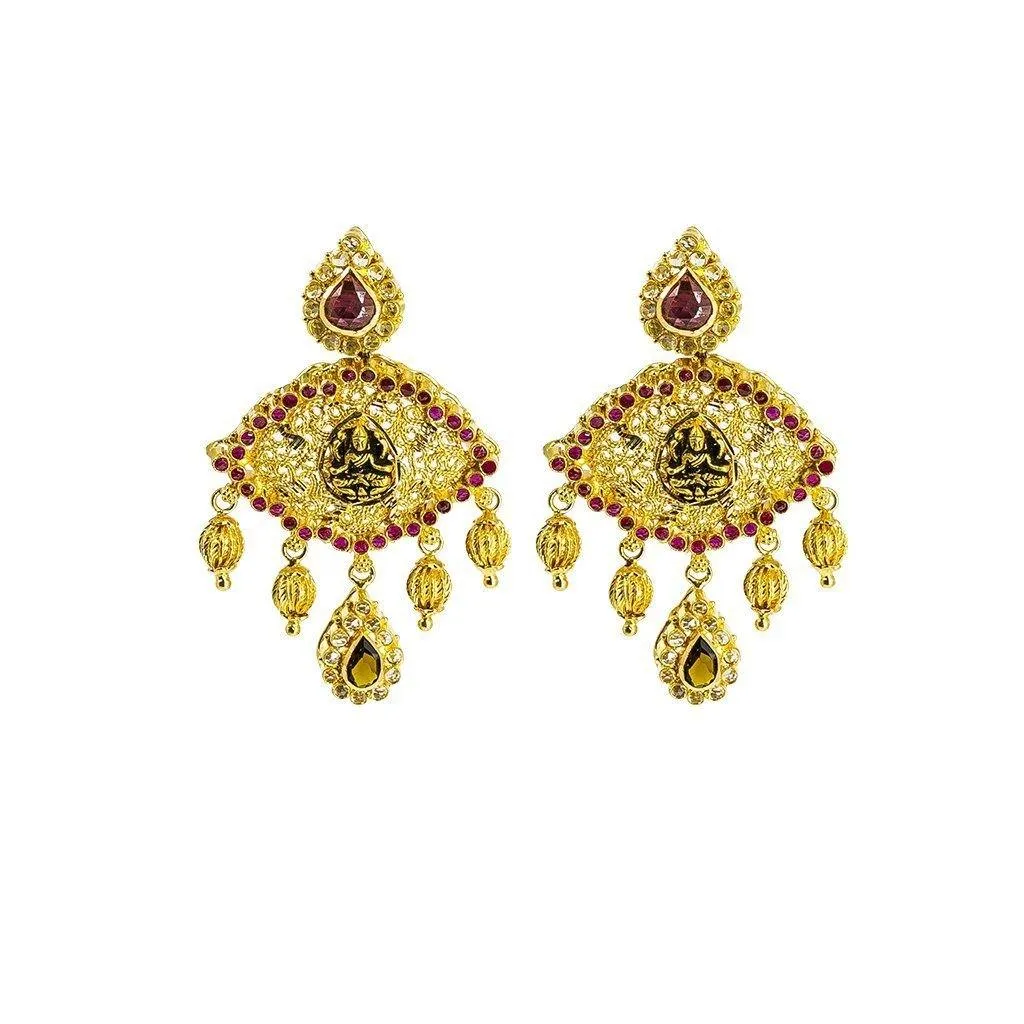 22K Yellow Gold Necklace & Earrings Set W/ CZ, Rubies, Emeralds on Laxmi & Third Eye Pendant