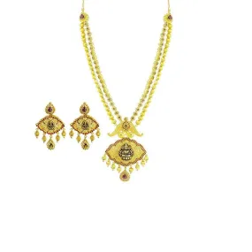 22K Yellow Gold Necklace & Earrings Set W/ CZ, Rubies, Emeralds on Laxmi & Third Eye Pendant