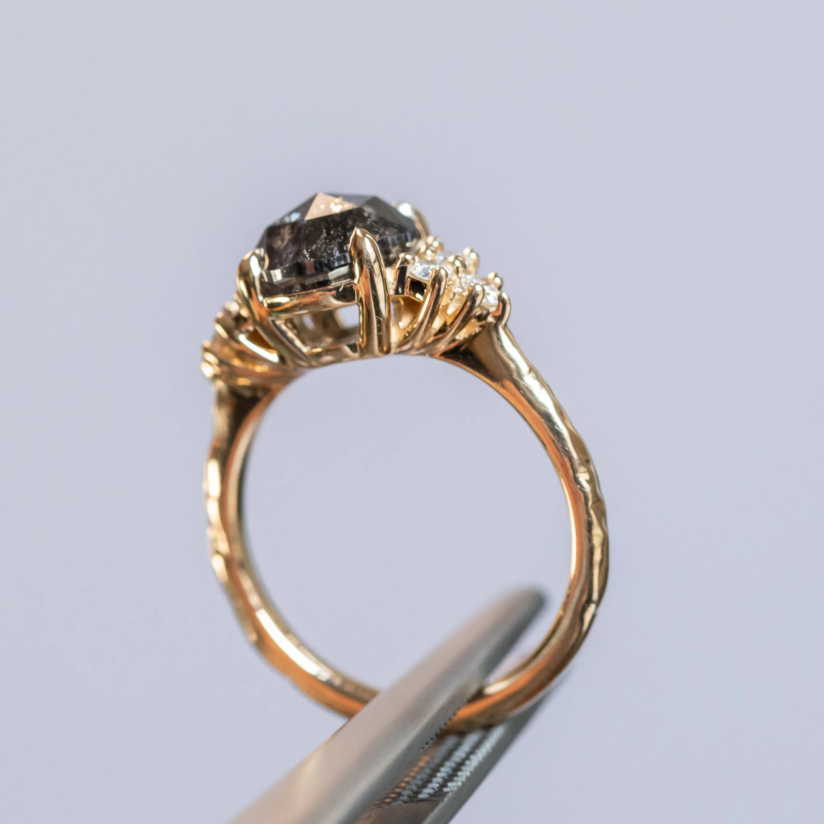 2.30ct Rosecut Salt & Pepper Diamond and White Diamond Cluster ring in 14k Yellow Gold