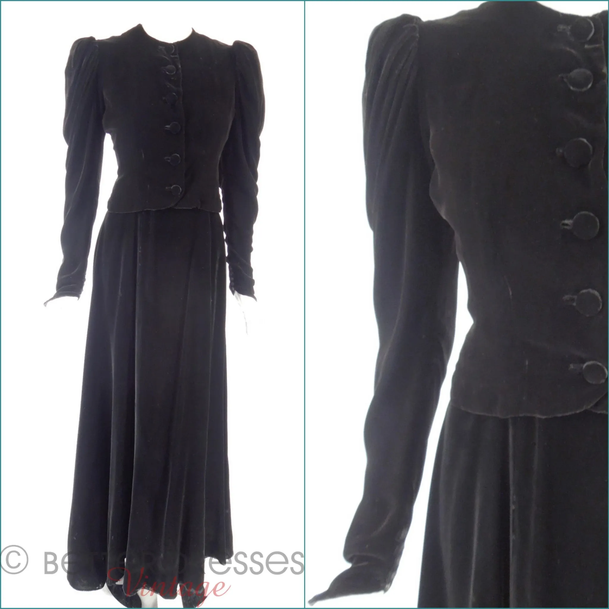 30s Black Velvet Dress & Jacket Set - sm