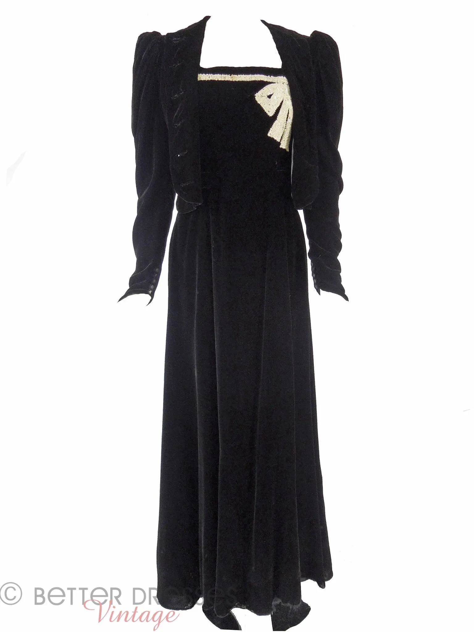 30s Black Velvet Dress & Jacket Set - sm