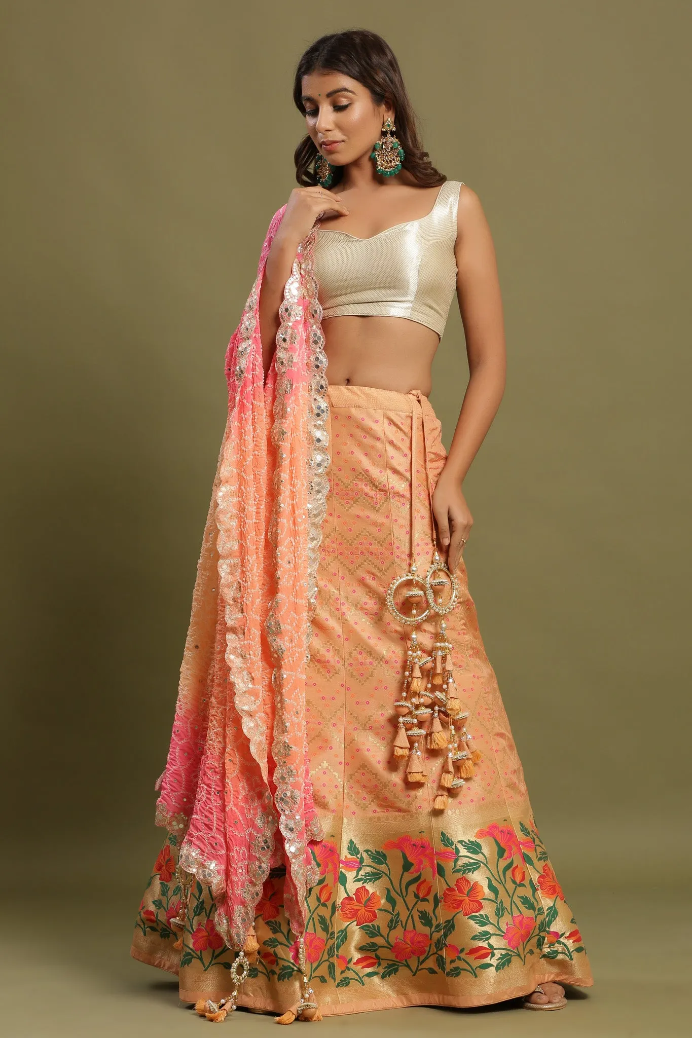 30Z219A-RO Orange Floral Lehenga with Multicolor Dupatta