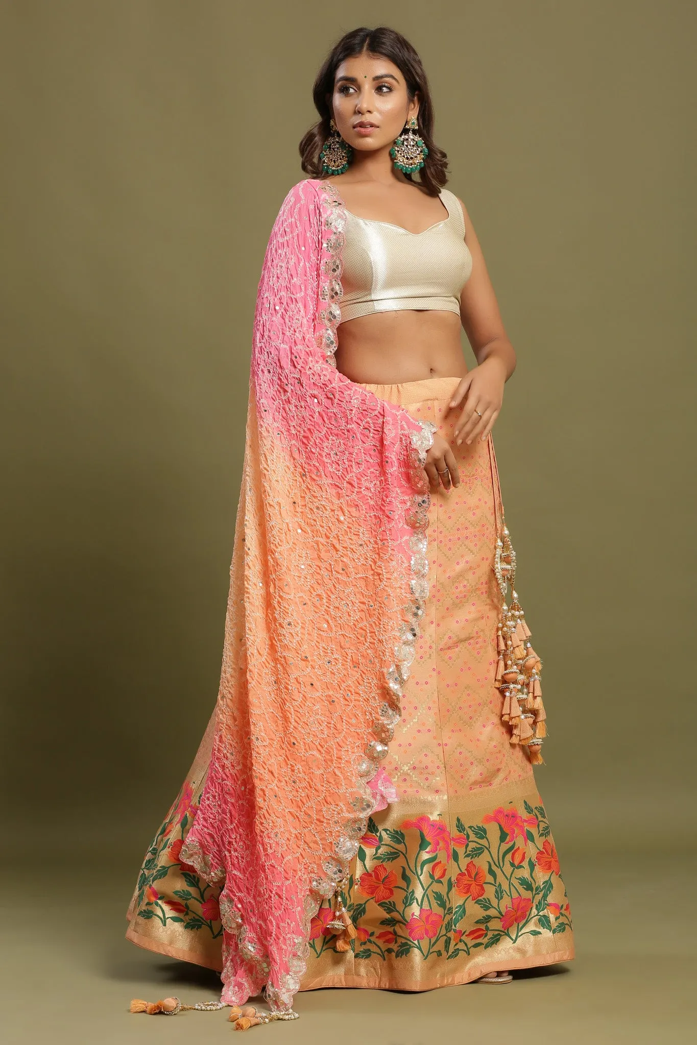 30Z219A-RO Orange Floral Lehenga with Multicolor Dupatta