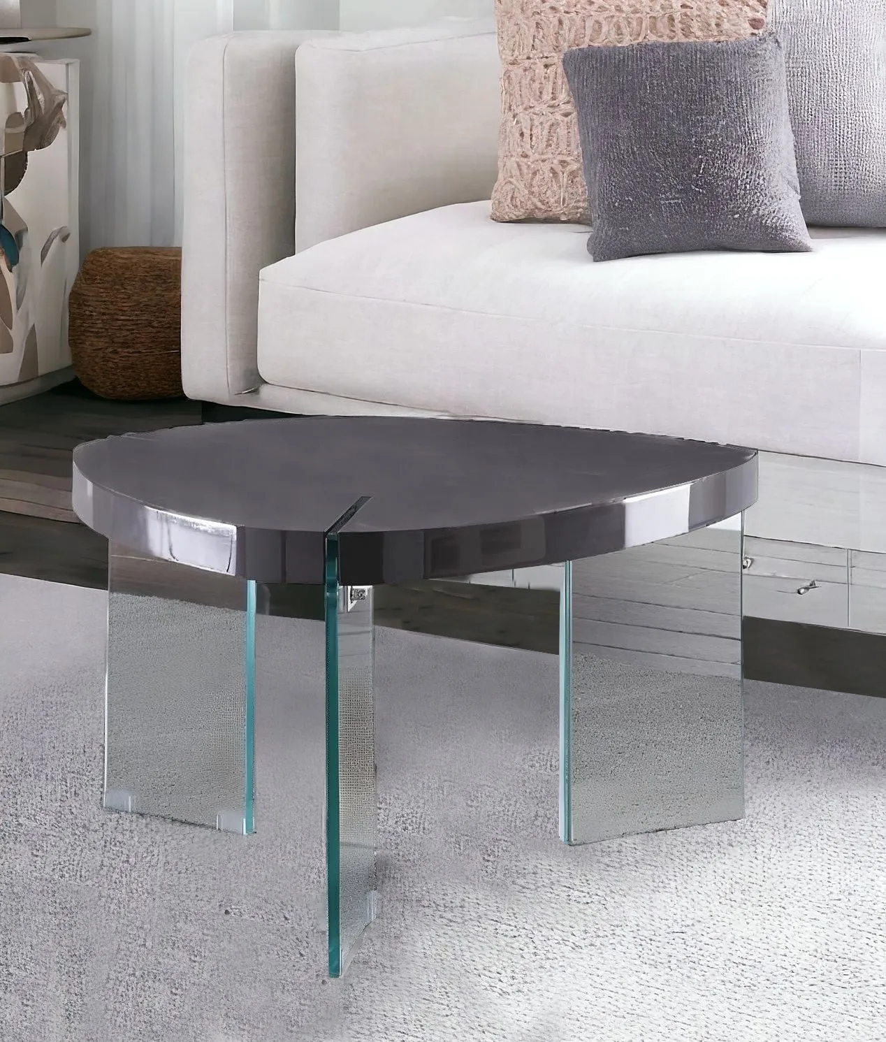 31 Clear Glass And Gray High Gloss Triangle Coffee Table