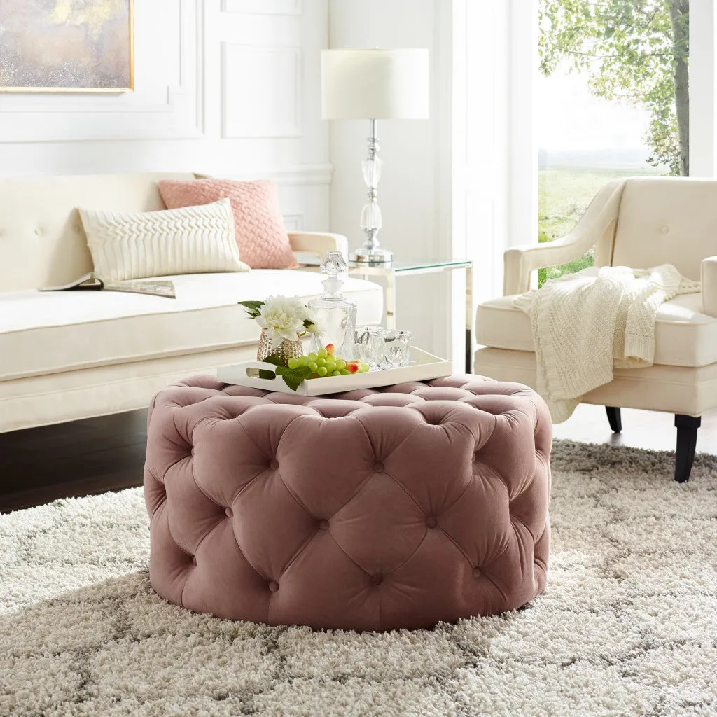 33 Blush Velvet And Black Rolling Tufted Round Cocktail Ottoman