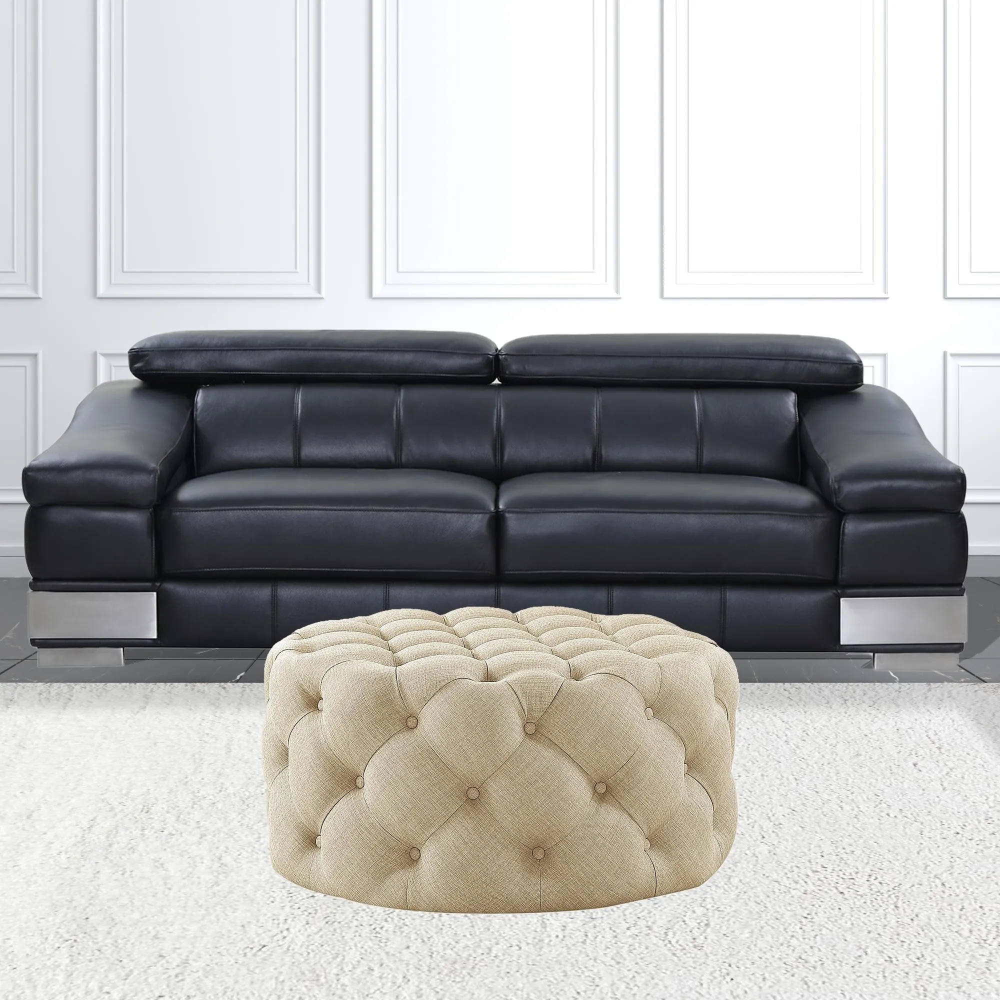 33 Blush Velvet And Black Rolling Tufted Round Cocktail Ottoman