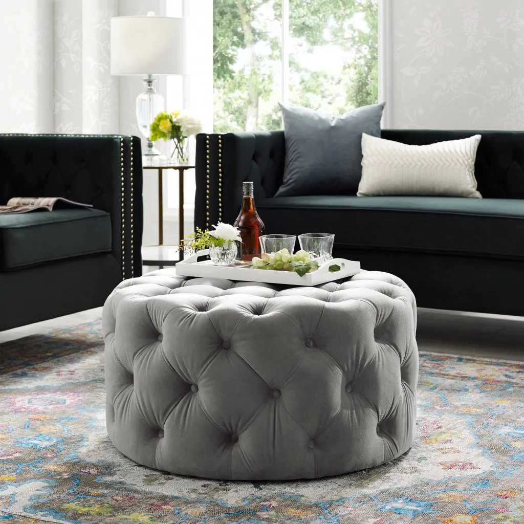 33 Blush Velvet And Black Rolling Tufted Round Cocktail Ottoman