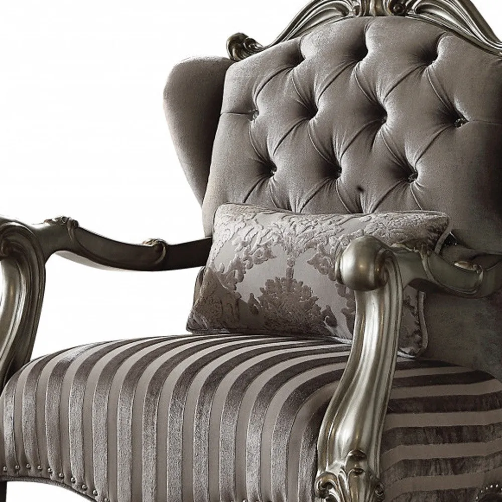 33 Gray And Platinum Velvet Striped Tufted Wingback Chair