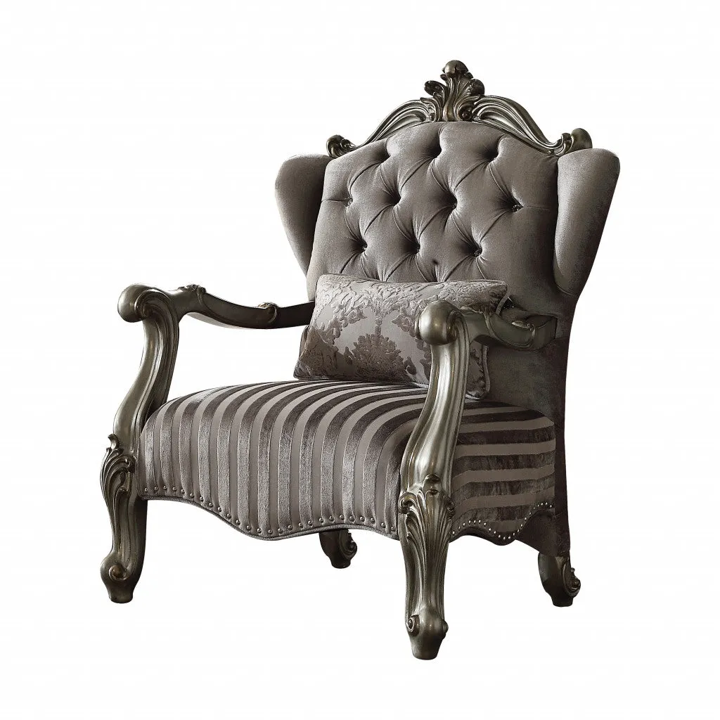 33 Gray And Platinum Velvet Striped Tufted Wingback Chair