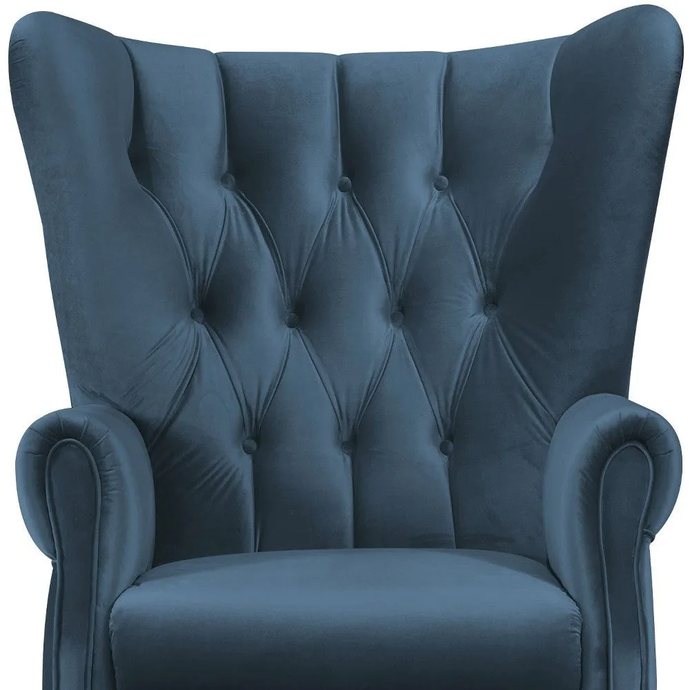 34 Azure Blue Velvet And Brown Solid Color Wingback Chair