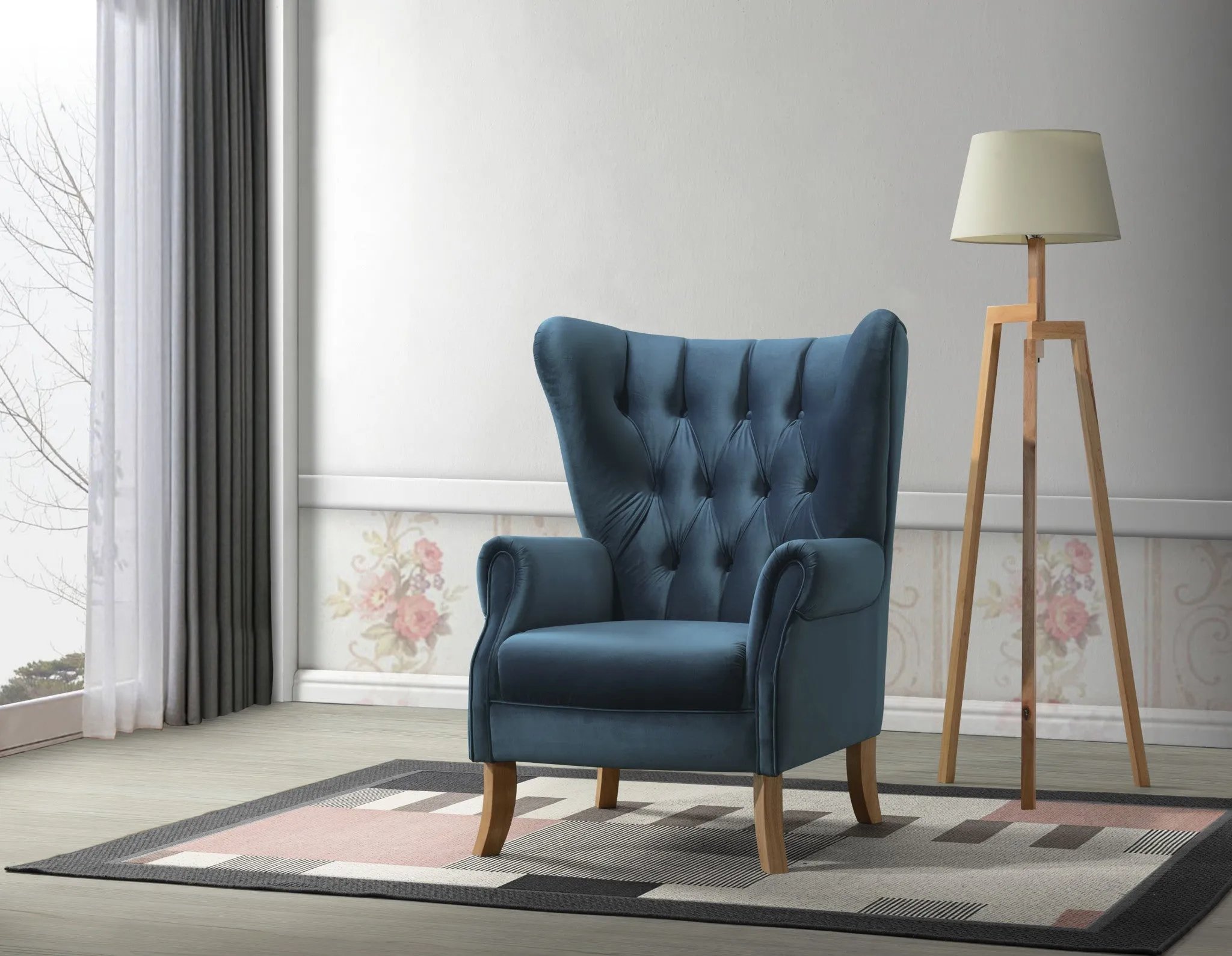 34 Azure Blue Velvet And Brown Solid Color Wingback Chair