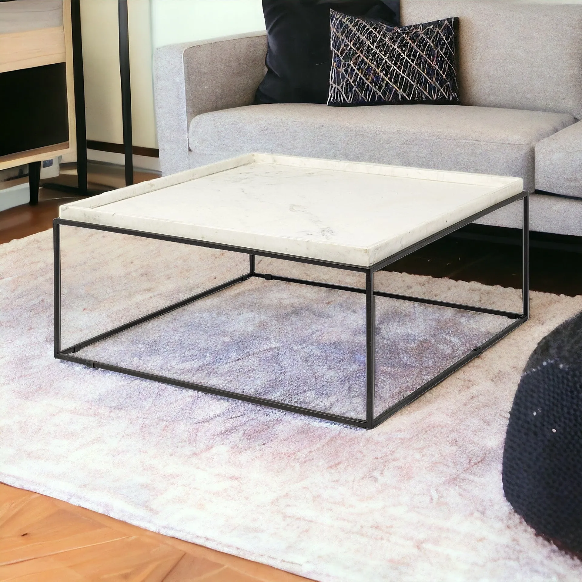 36 White And Black Genuine Marble And Metal Square Coffee Table