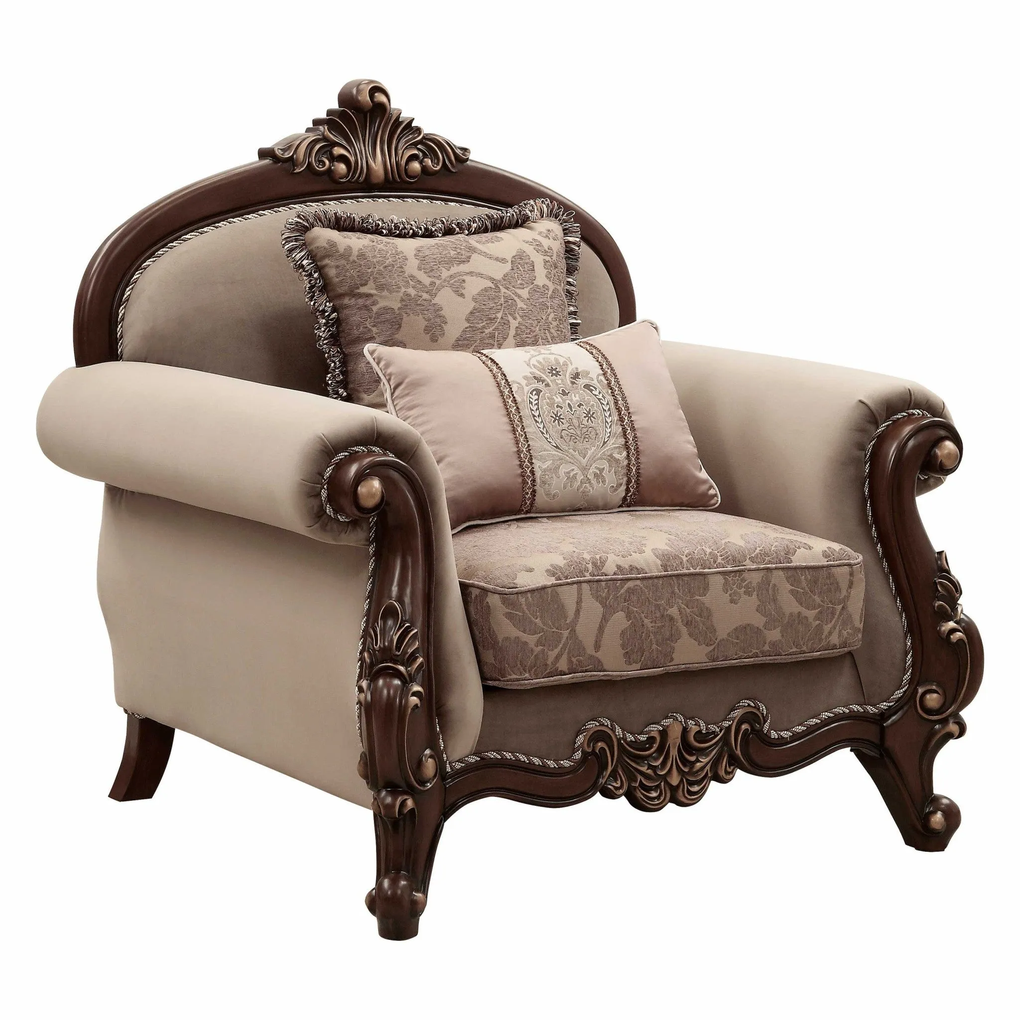 38 Beige And Brown Velvet Floral Club Chair