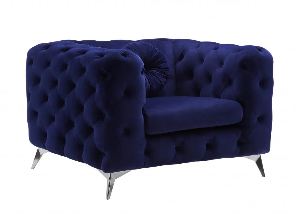 41 Blue Fabric And Black Tufted Arm Chair