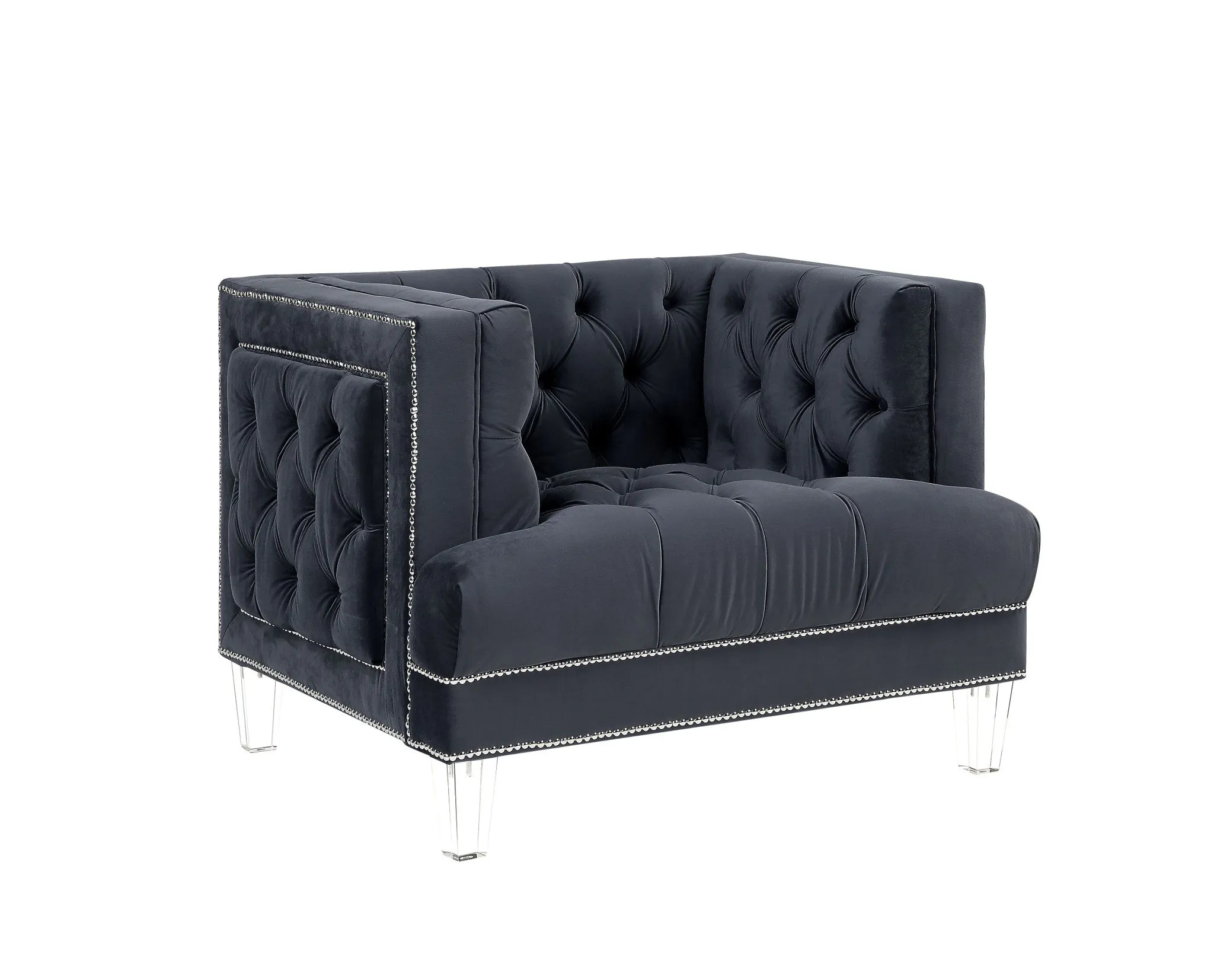 41 Charcoal Velvet And Black Tufted Arm Chair