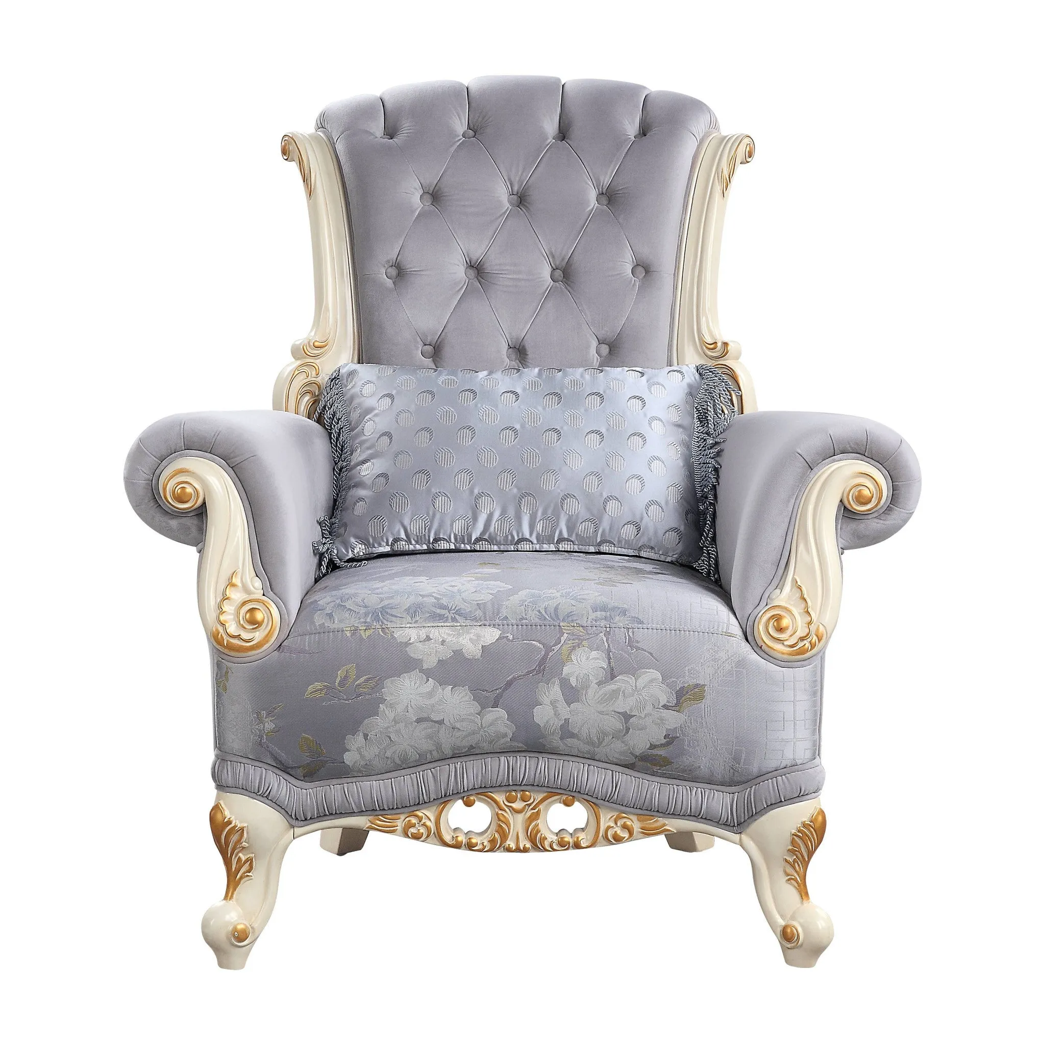 41 Gray Fabric And Black Floral Tufted Arm Chair