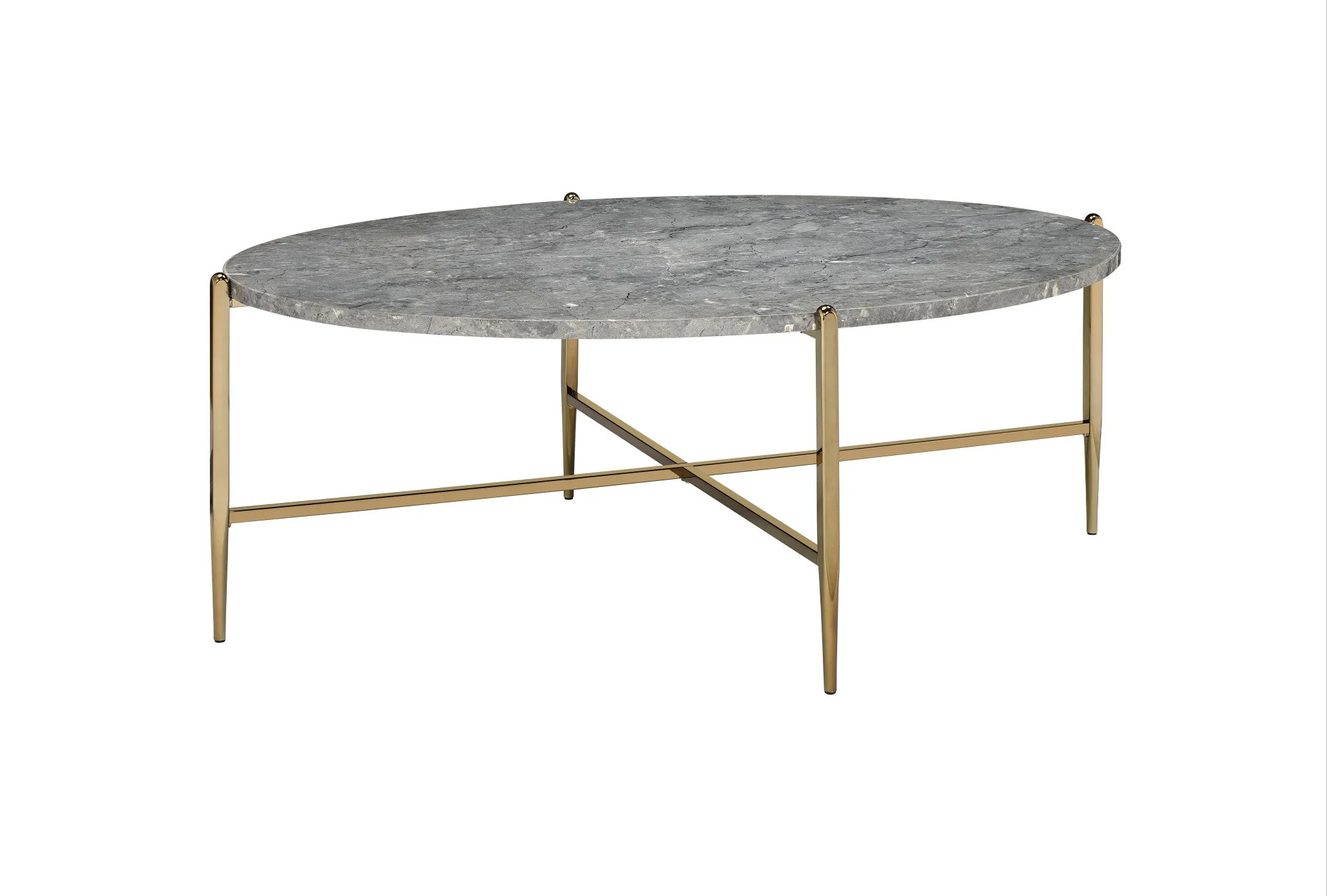 48 Gray And Champagne Faux Marble And Metal Oval Coffee Table