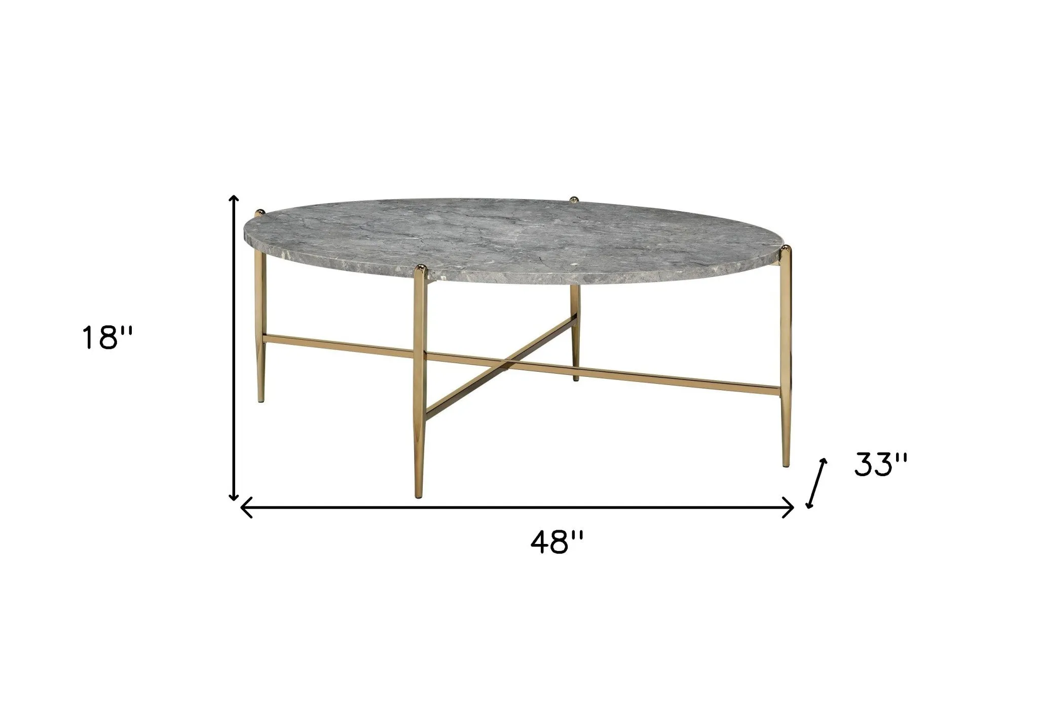 48 Gray And Champagne Faux Marble And Metal Oval Coffee Table