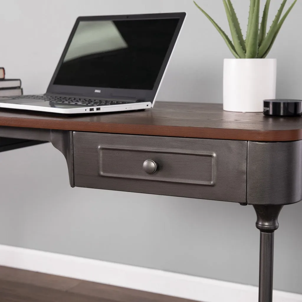 50 Brown And Silver Writing Desk With Two Drawers