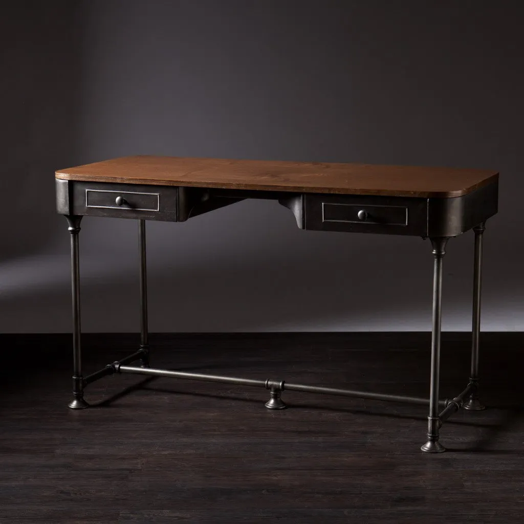 50 Brown And Silver Writing Desk With Two Drawers