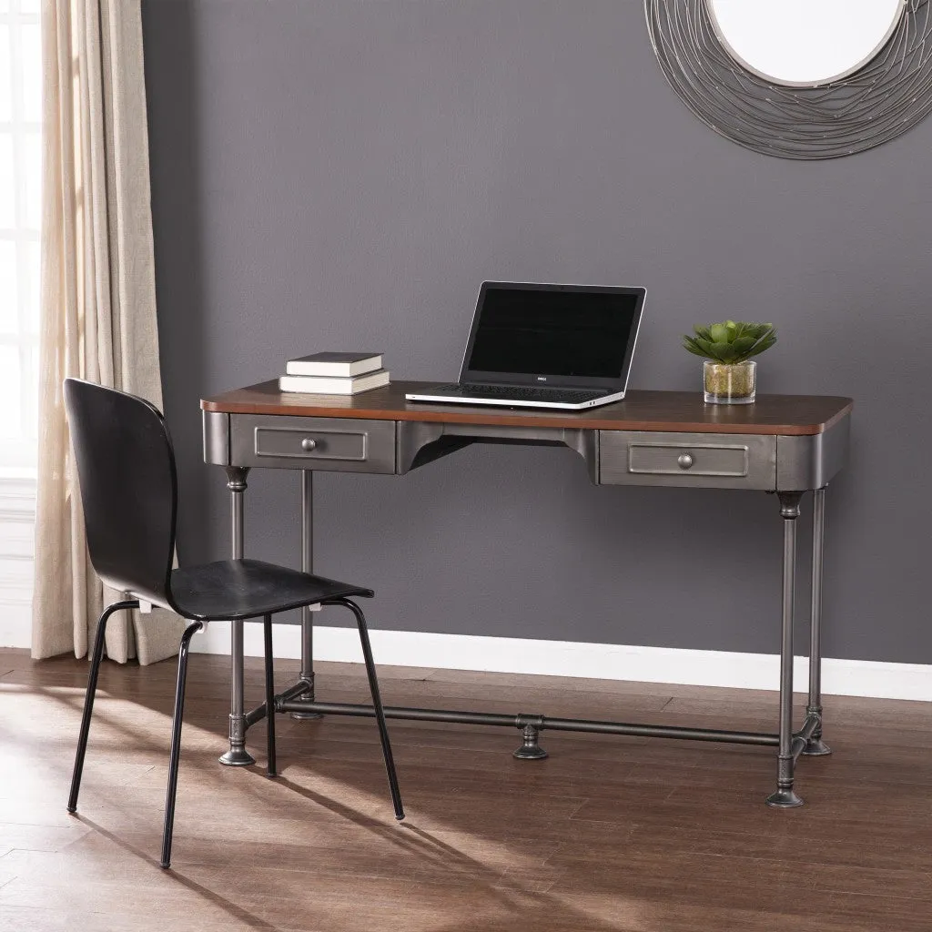 50 Brown And Silver Writing Desk With Two Drawers