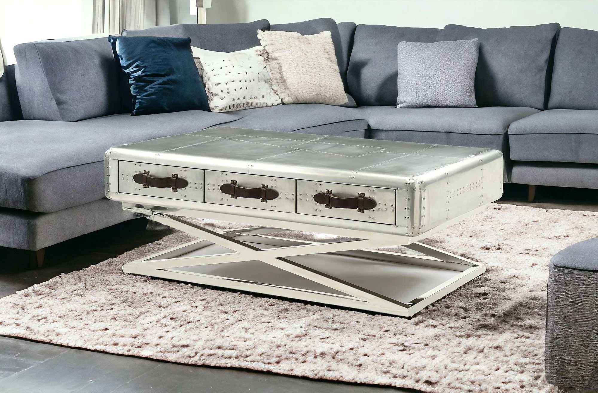 51 Silver Aluminum Coffee Table With Three Drawers