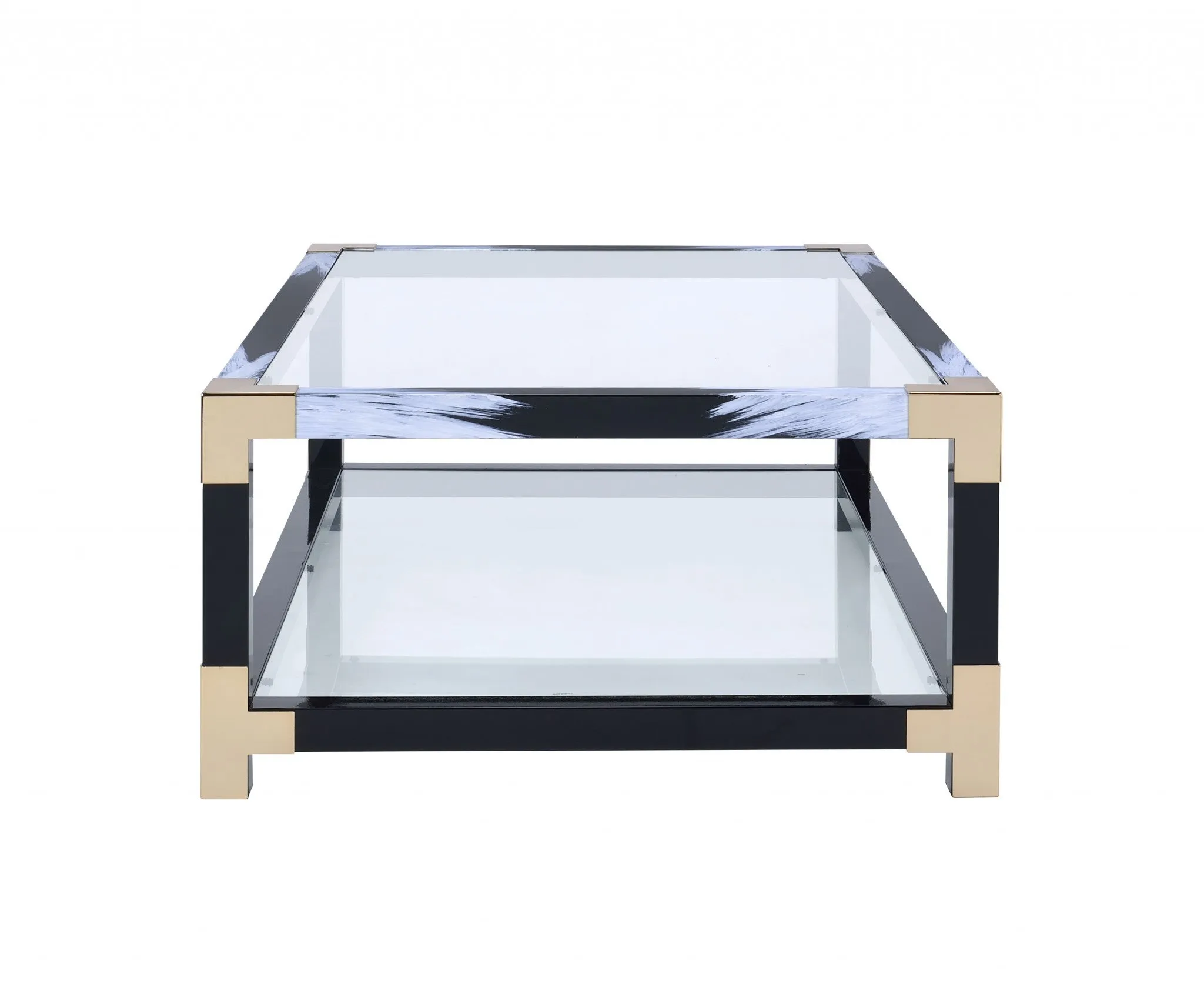 54 Clear And Black and Gold Glass And Iron Coffee Table With Shelf