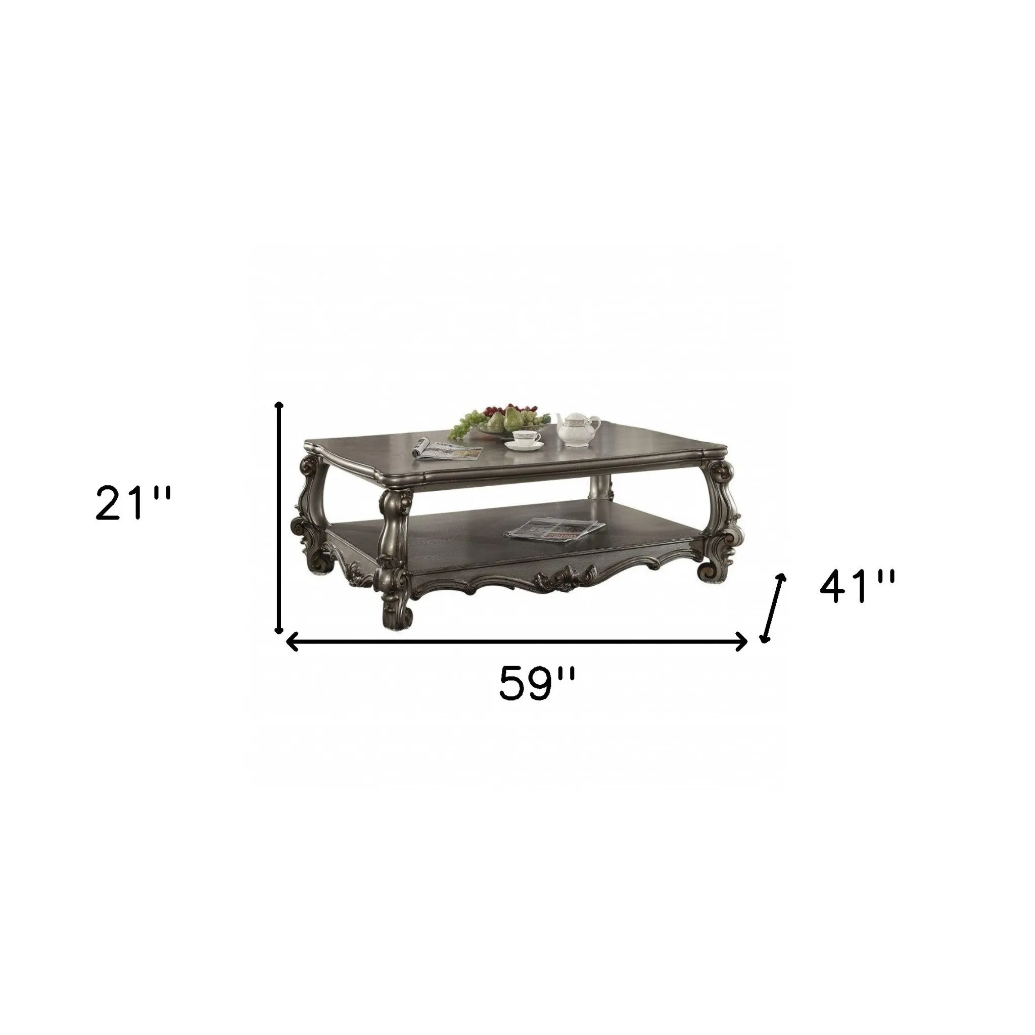 59 Antique Platinum Manufactured Wood Rectangular Coffee Table With Shelf