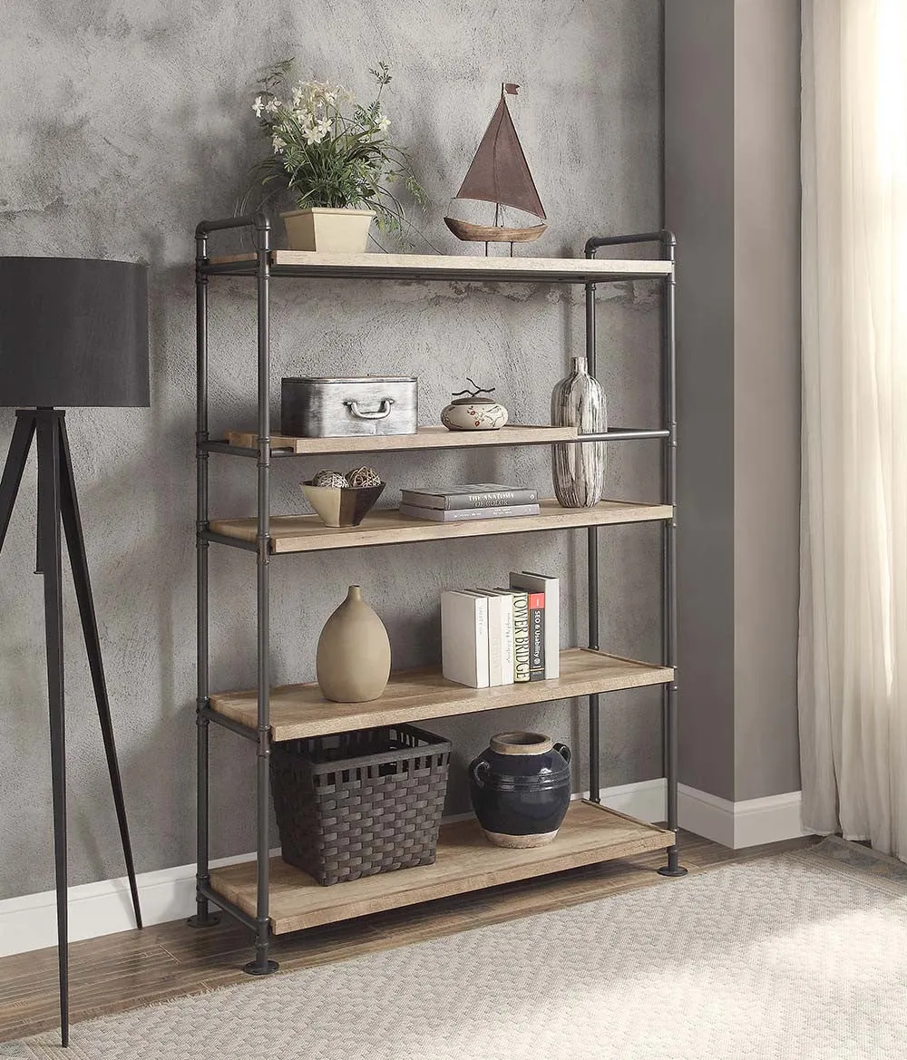 65 Brown and Black Metal Five Tier Etagere Bookcase