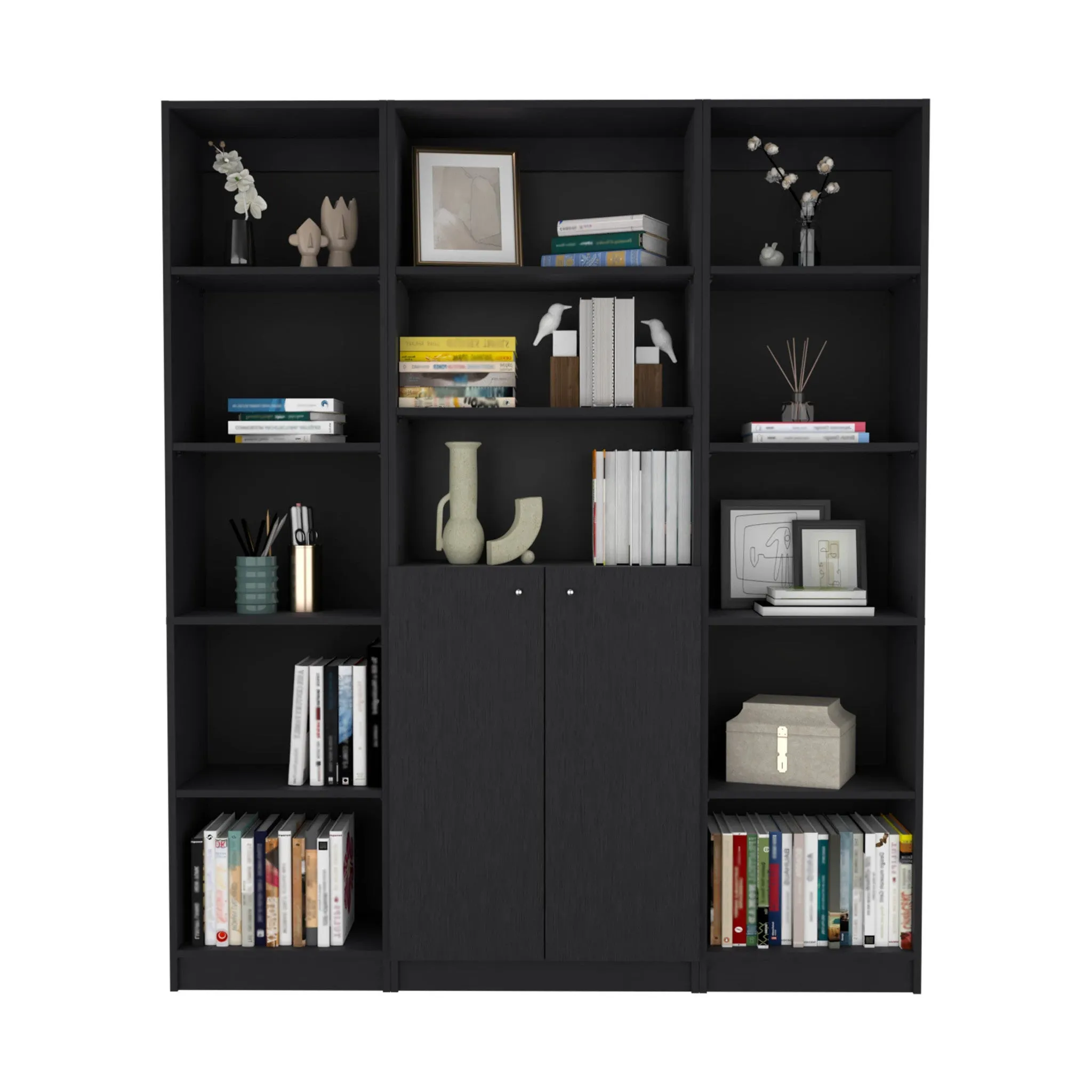 71 Black Five Tier Bookcase with Two doors