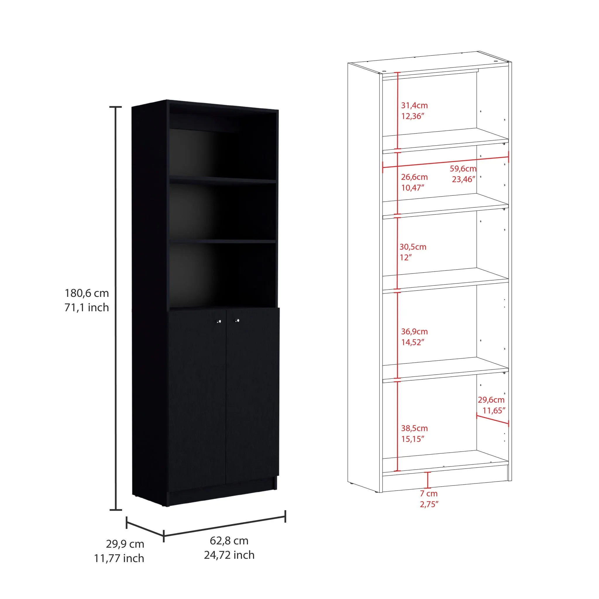 71 Black Five Tier Bookcase with Two doors