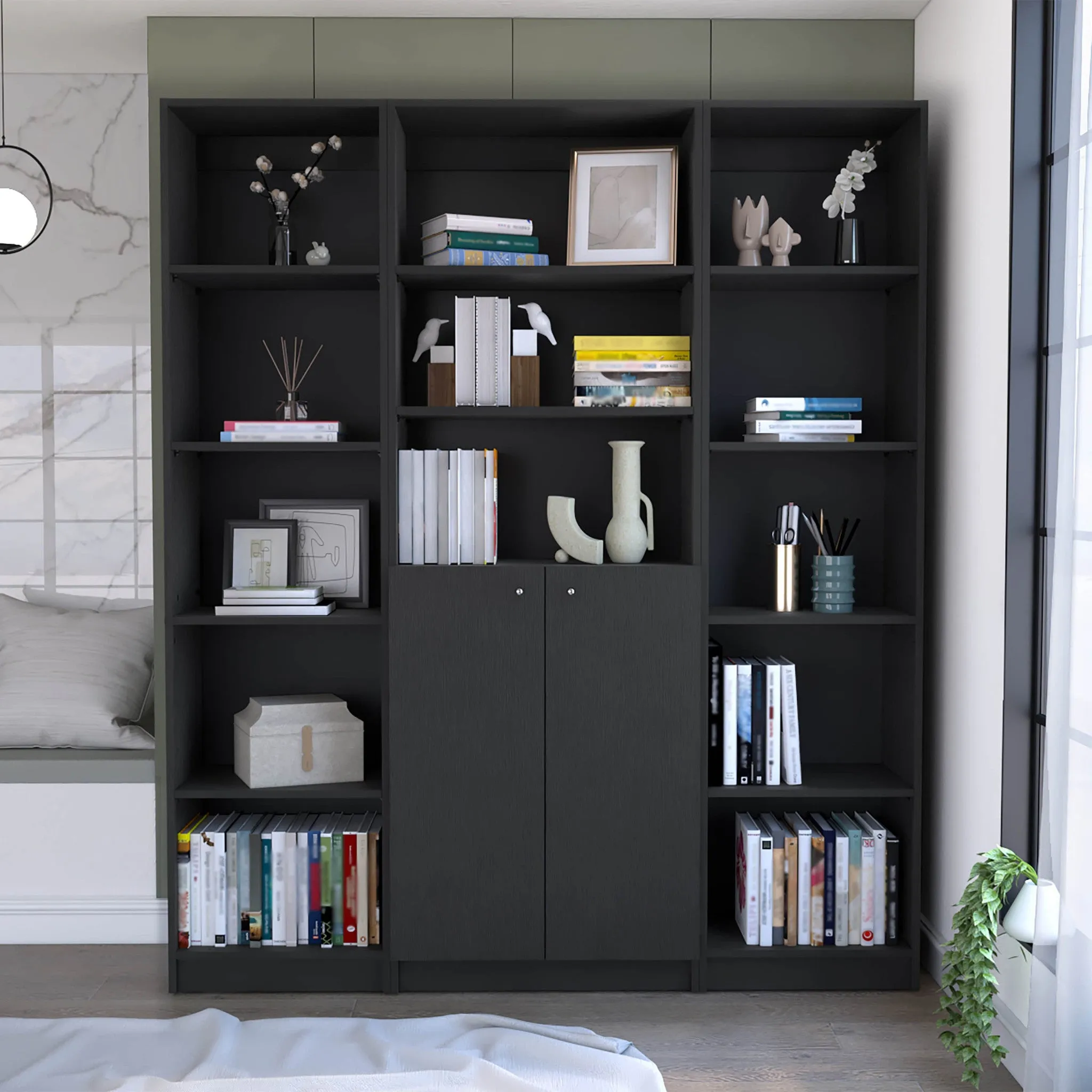 71 Black Five Tier Bookcase with Two doors