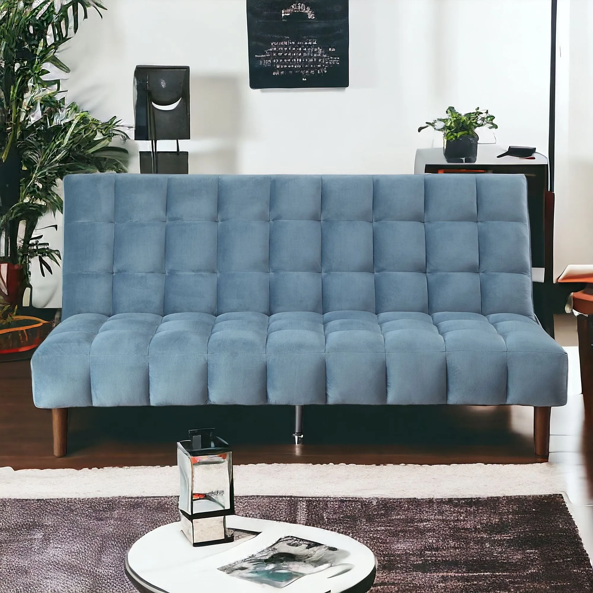 76 Teal Velvet And Wood Brown Sleeper Sofa