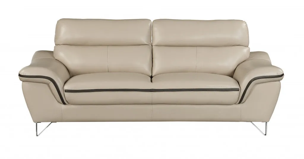 86 Beige And Silver Leather Sofa