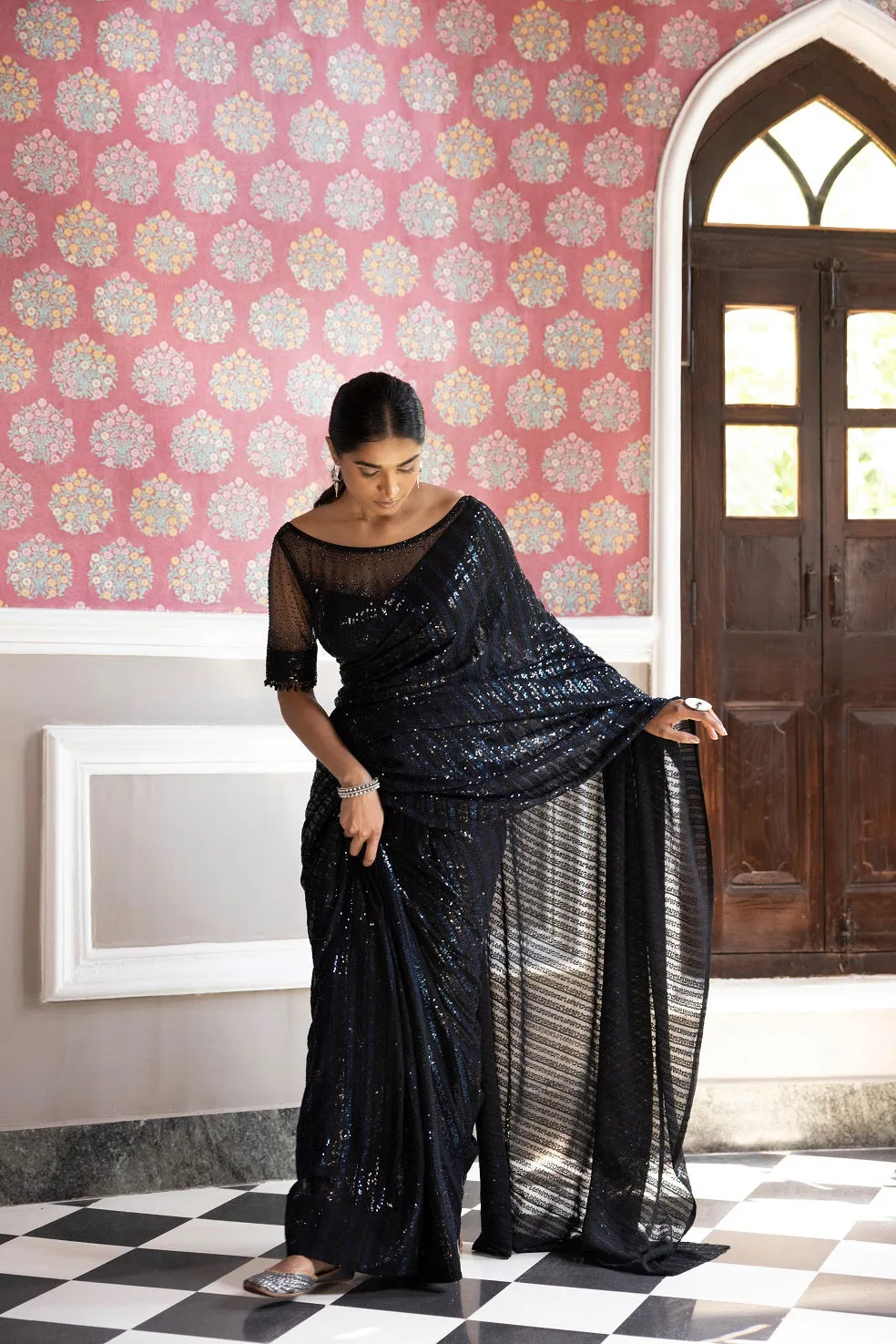 90Z270-RO Black Sequined Embroidered Sari with Blouse